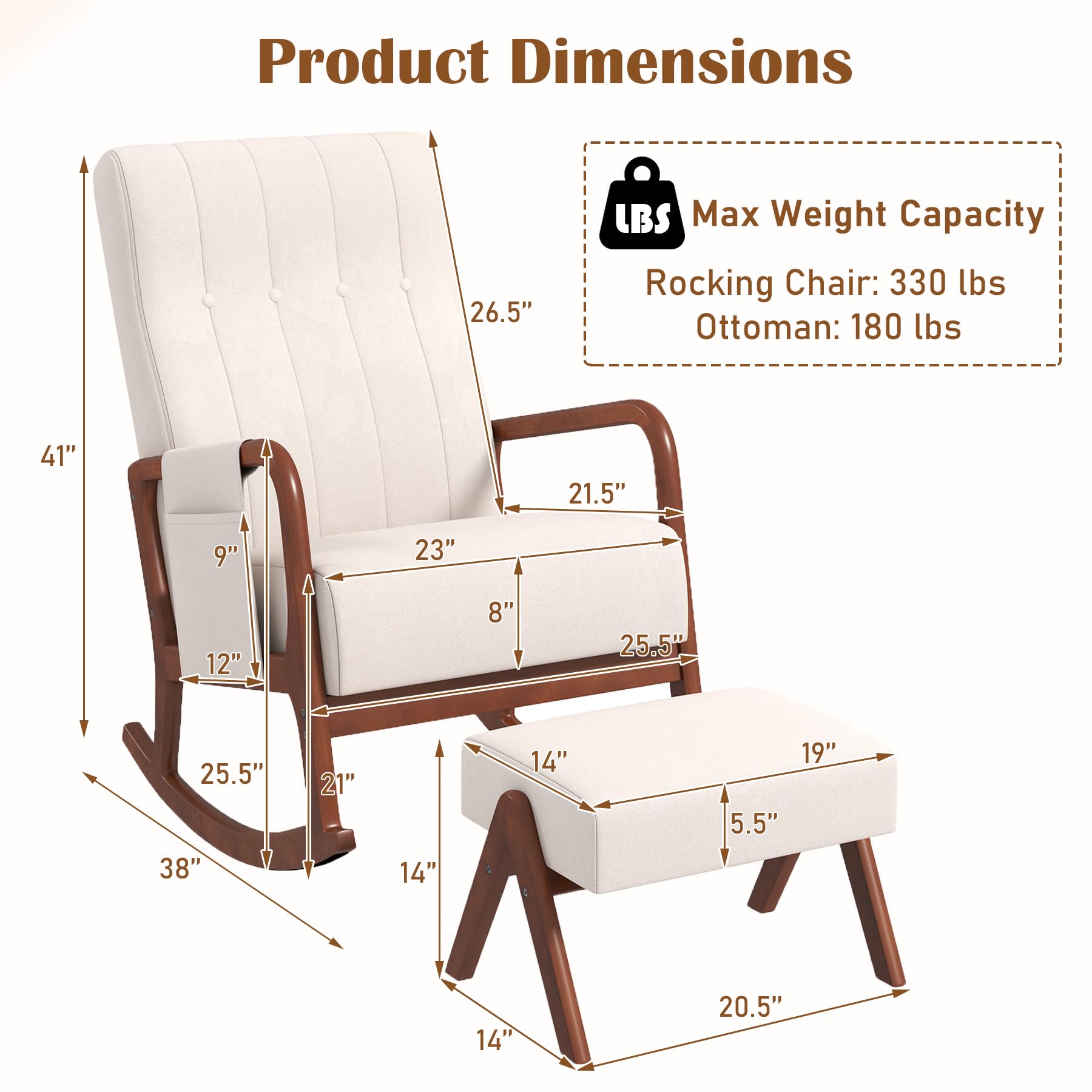 KOMFOTT Nursery Rocking Chair with Ottoman, Upholstered Rocker Chair with Side Pocket