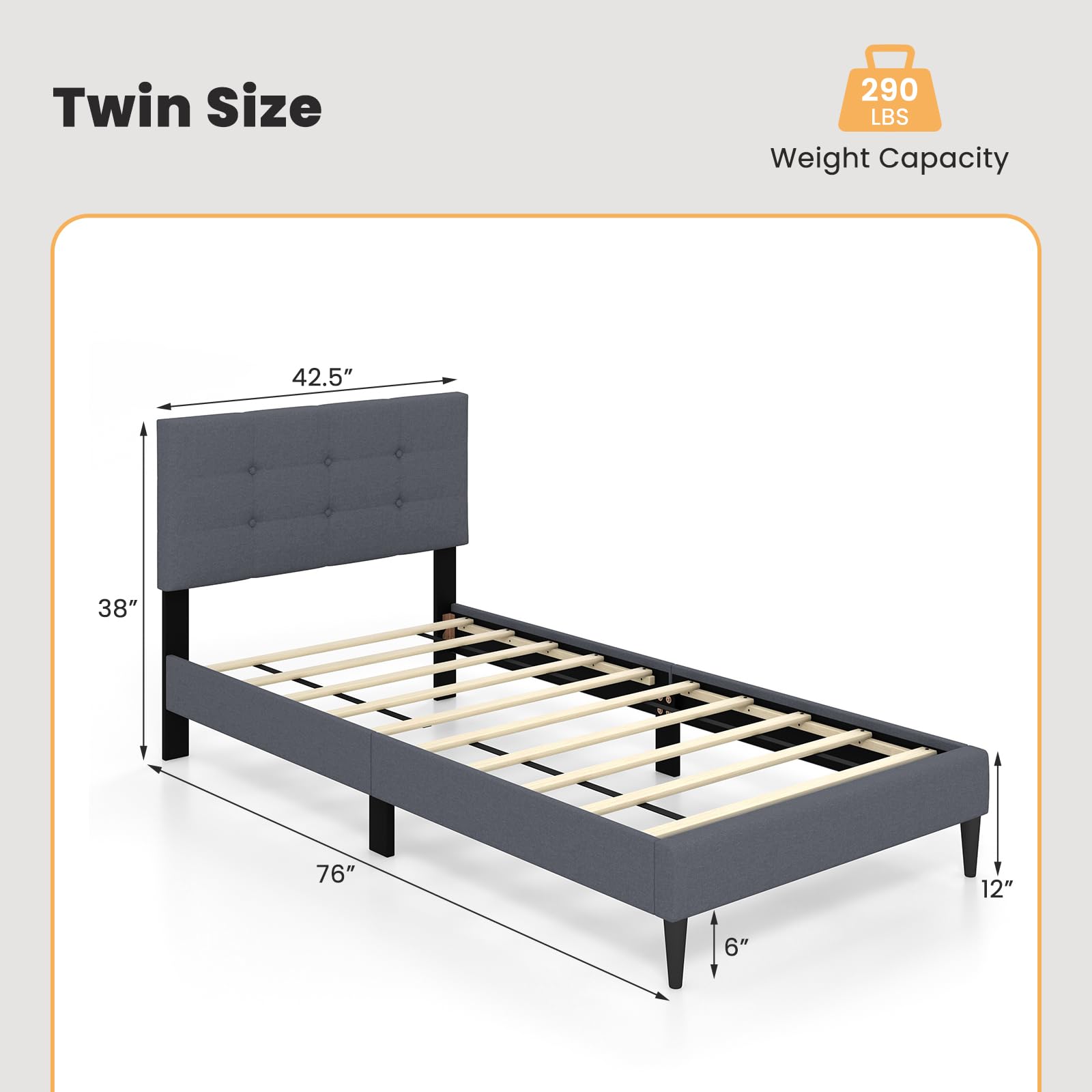 KOMFOTT Twin/Queen Size Upholstered Platform Bed Frame with Button Tufted Linen Fabric Headboard