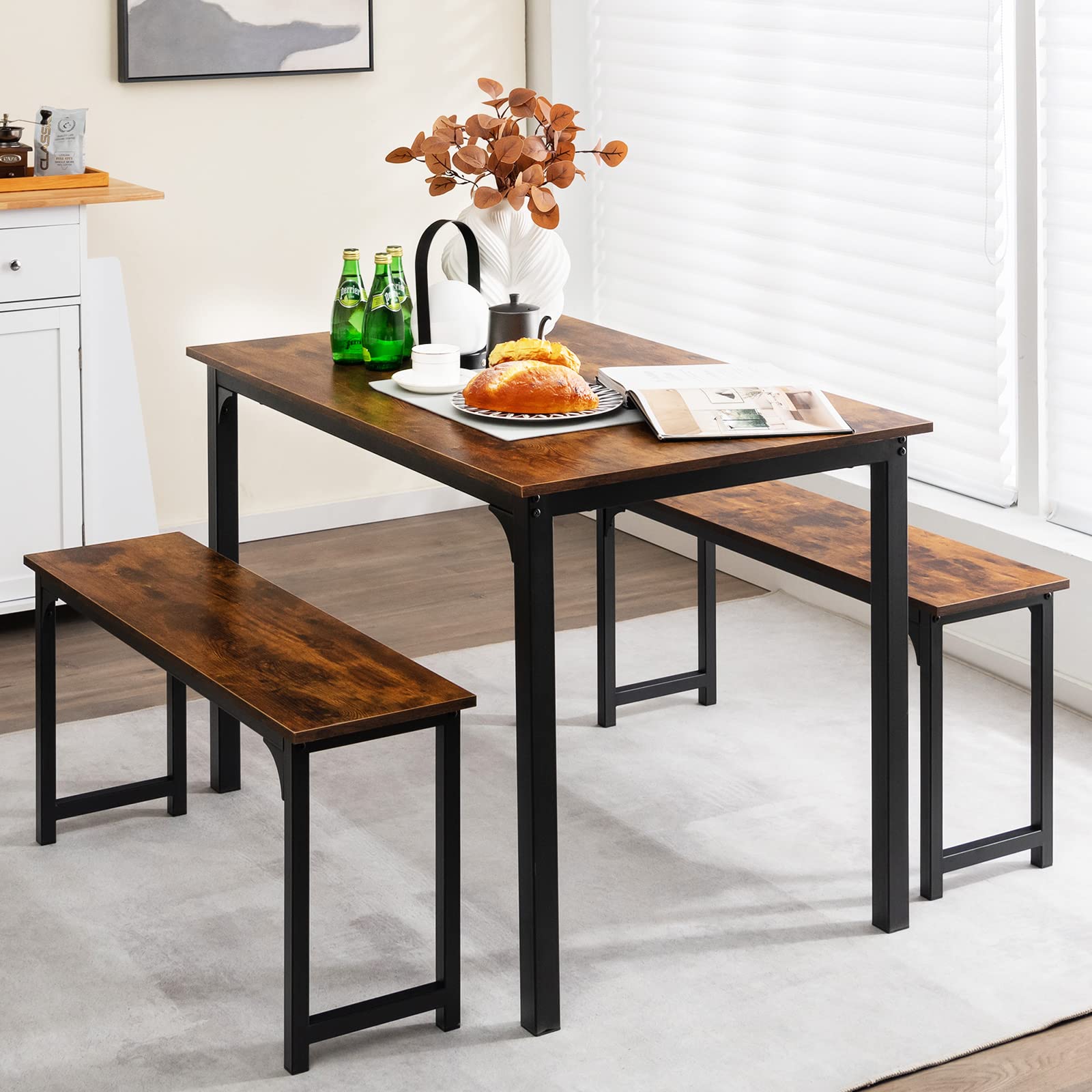 KOMFOTT Dining Table Set for 4, Rectangular Kitchen Table with 2 Benches