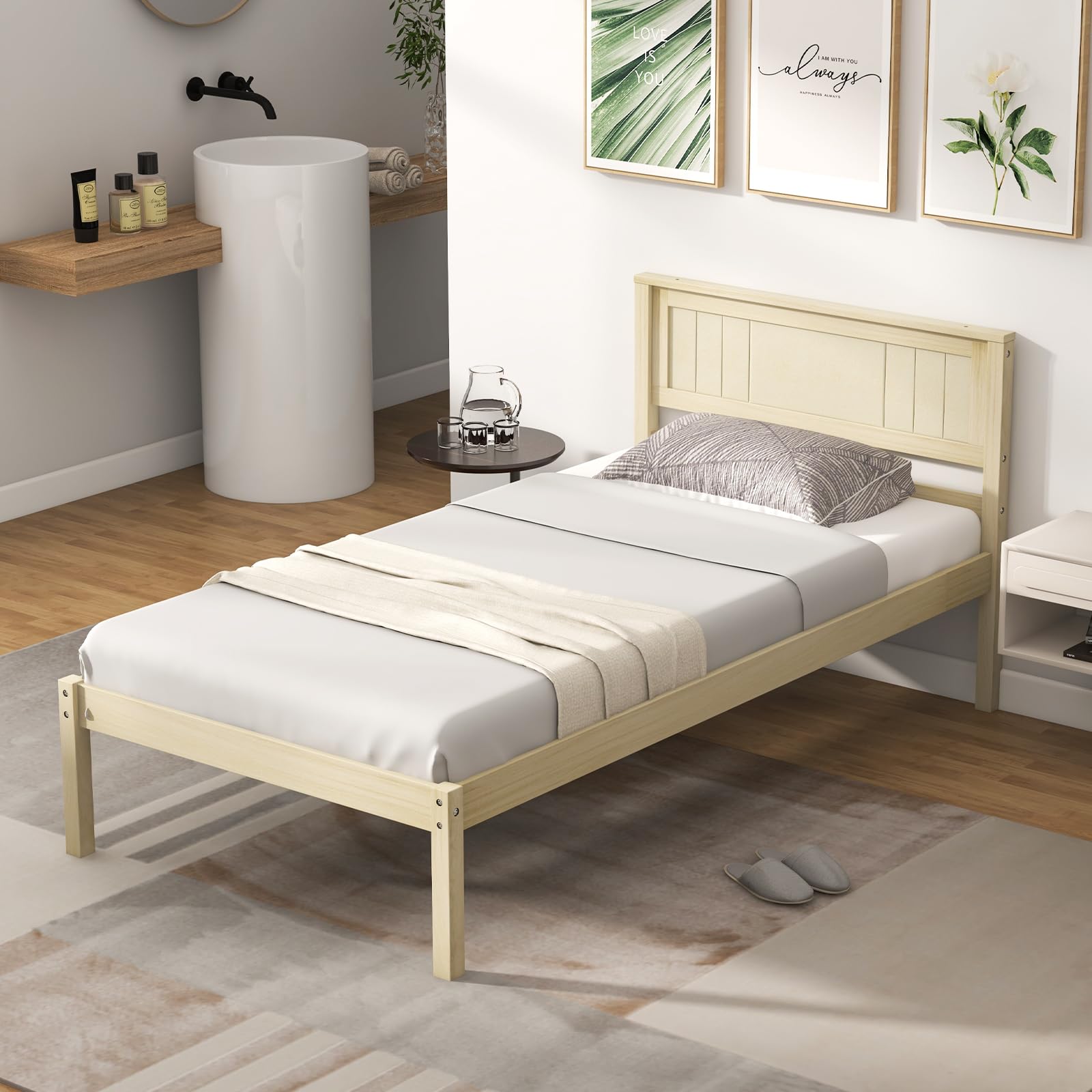 KOMFOTT Wooden Platform Bed Frame with Headboard & Wood Slat Support