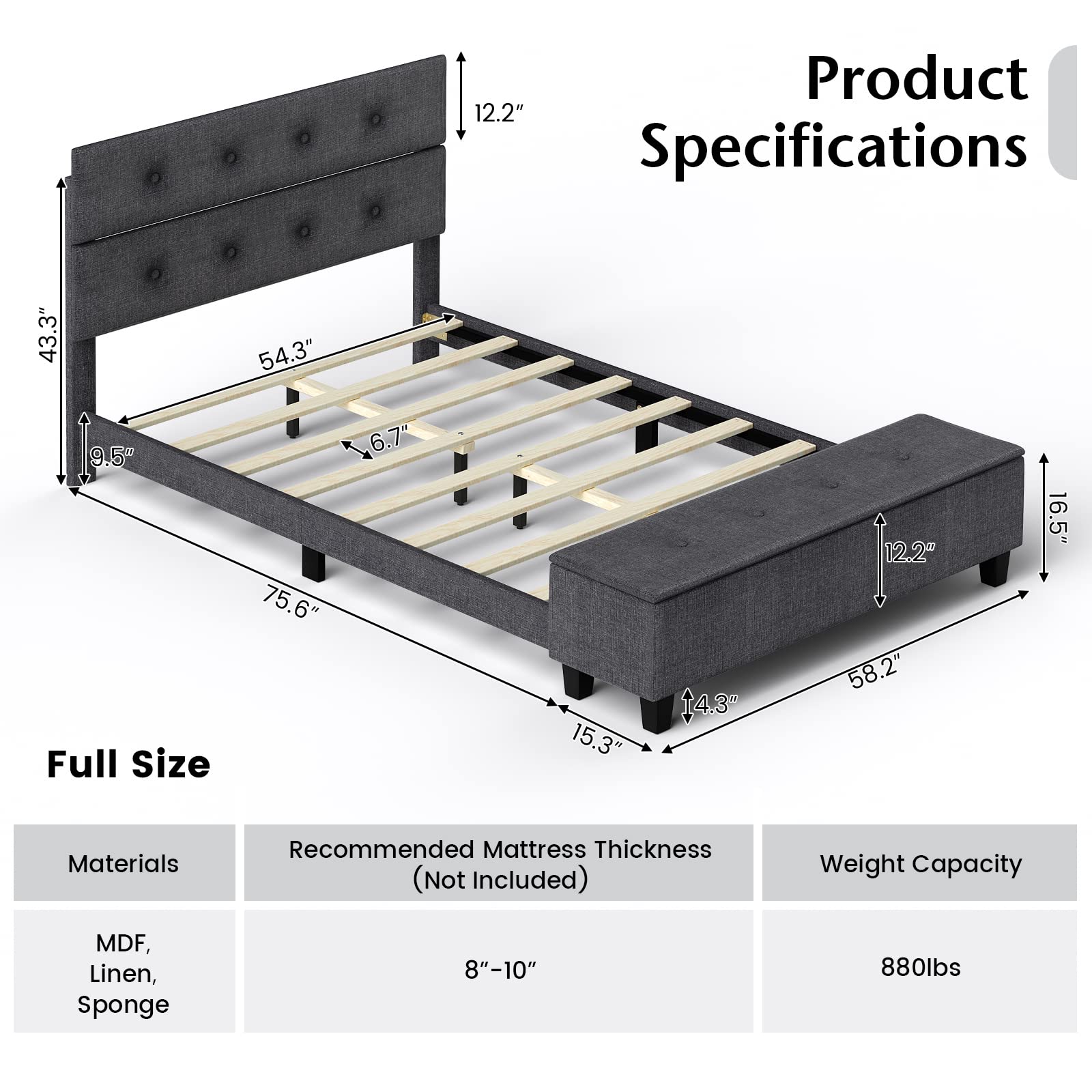 KOMFOTT Full/Queen Size Upholstered Bed Frame with Ottoman Storage