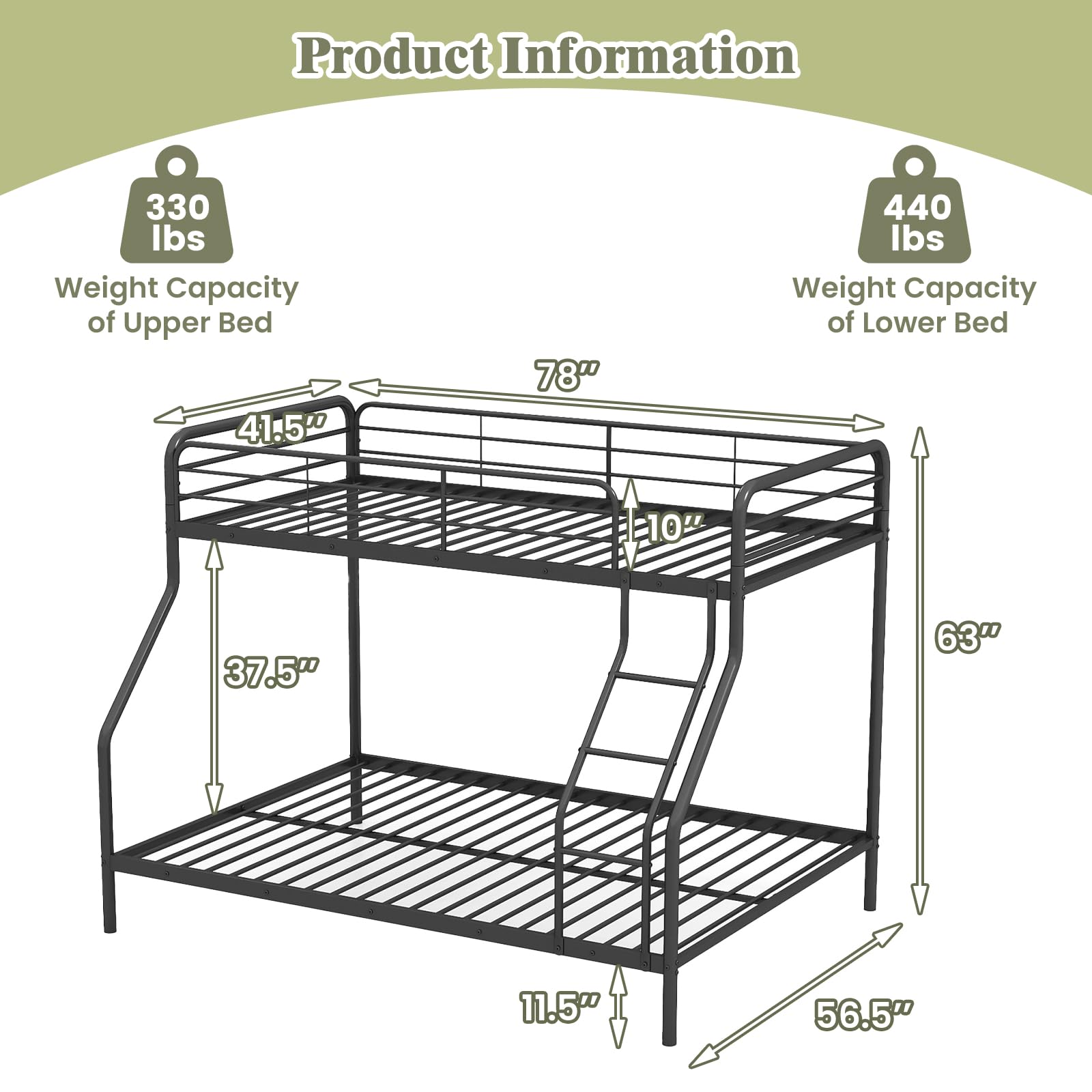 KOMFOTT Twin Over Full Metal Bunk Bed with Inclined Ladder, Safety Guardrail