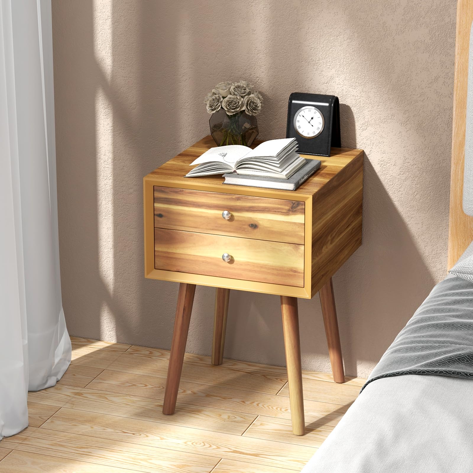 KOMFOTT 2-Drawer Nightstand, Mid-Century Modern Bed Side Table with Storage