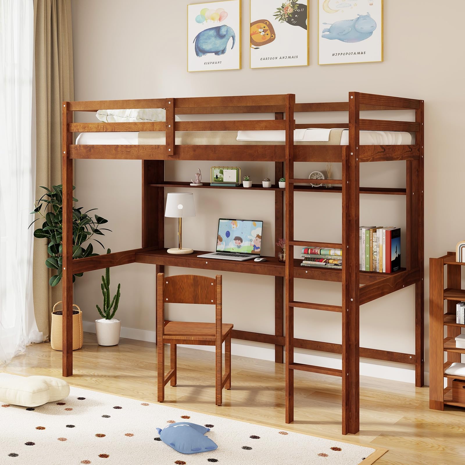 KOMFOTT Twin Loft Bed with Desk and Bookshelf, Solid Wood Loft Bed Frame with Full Length Safety Guardrail & Ladder