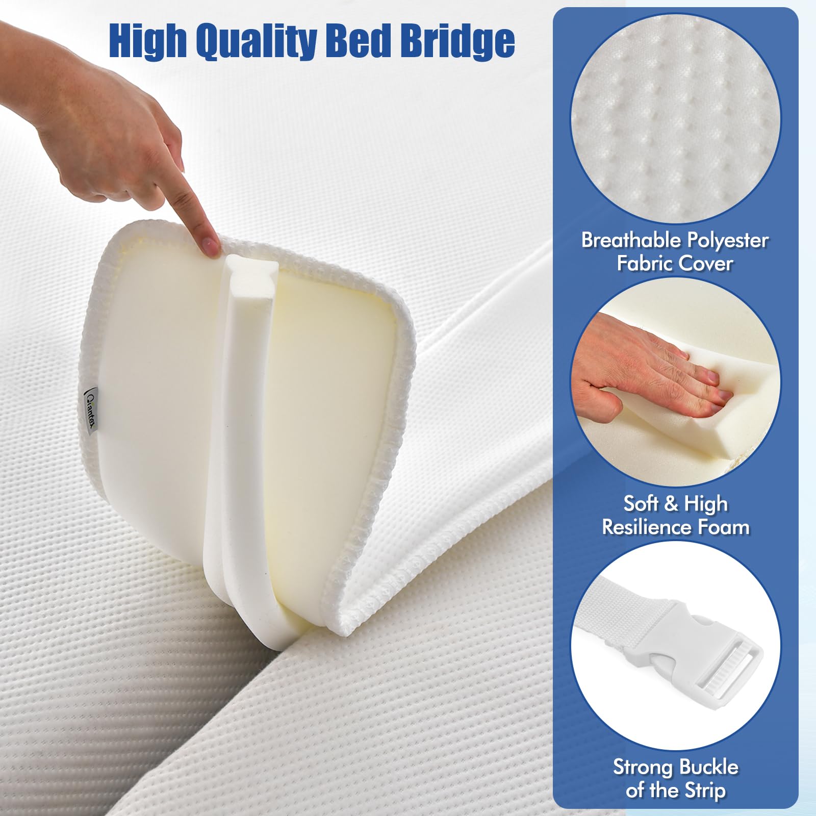 KOMFOTT 75” X 9” Wide Bed Bridge Twin to King Converter Kit, Mattress Connector Kit with Adjustable Strap, Split King Gap Filler