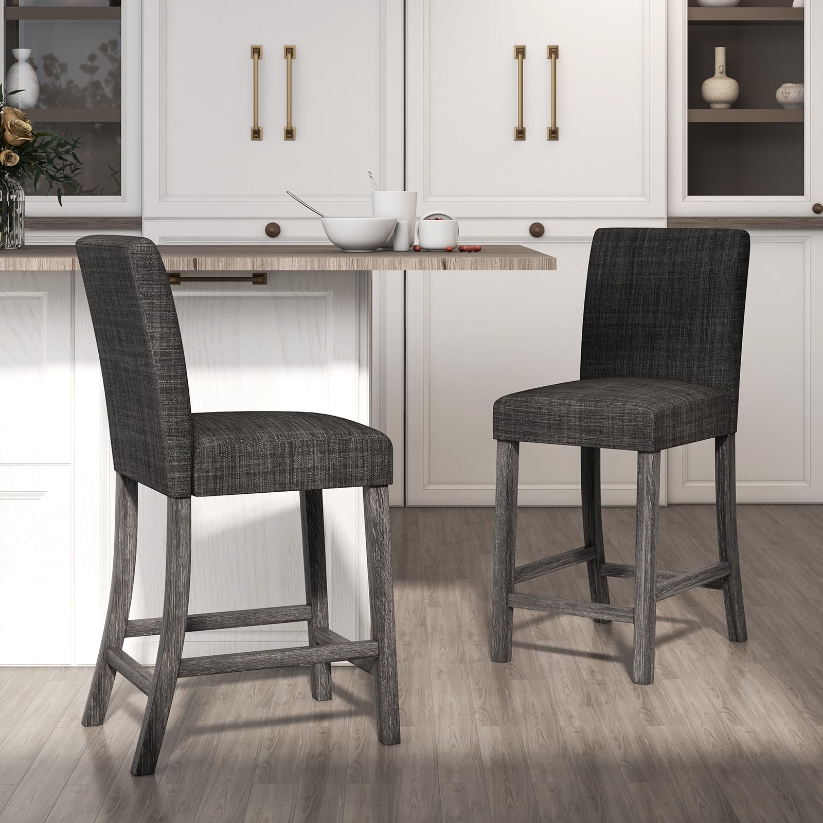 KOMFOTT Upholstered Counter Height Stools Set of 2, Bar Stools w/Ergonomic Backrest, Solid Wood Frame