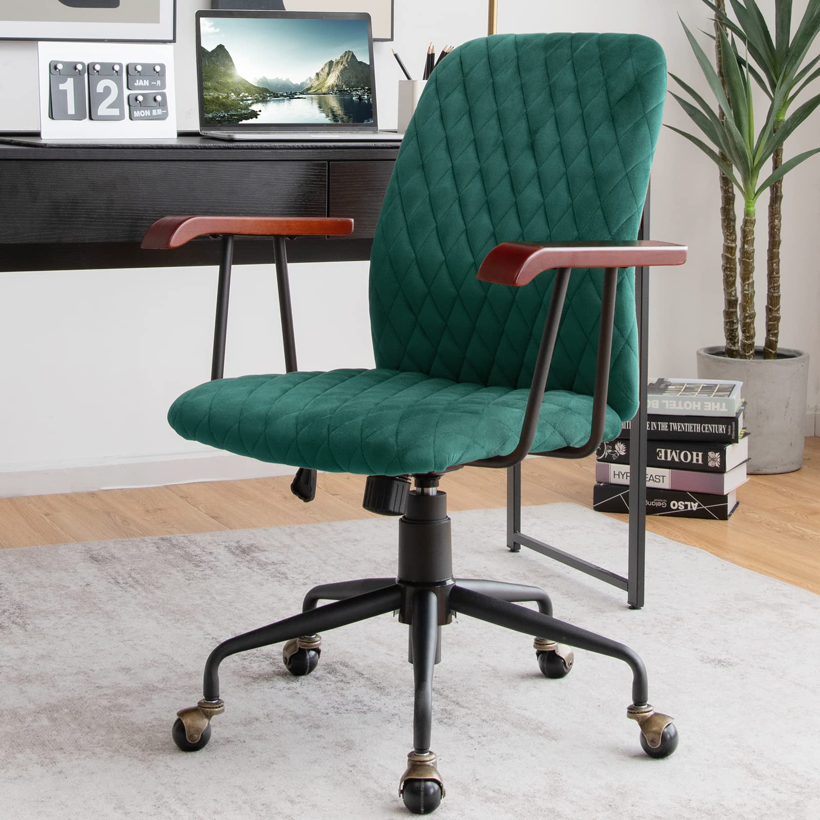 KOMFOTT Home Office Desk Chair, Vintage Adjustable Swivel Rolling Chair with Copper Wheels & Armrest