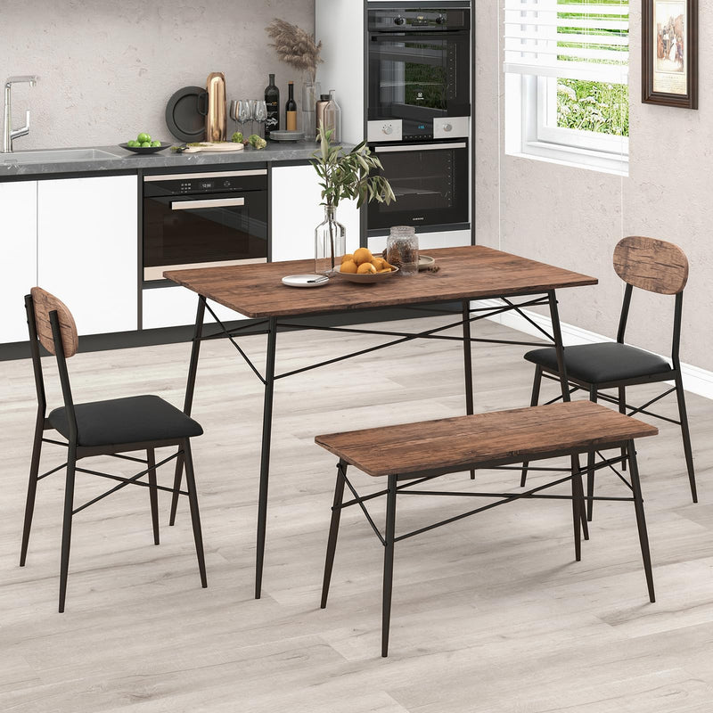 KOMFOTT Dining Table Set for 4, Mid-Century Kitchen Furniture Set w/Kitchen Table, Bench & 2 Upholstered PVC Leather Chairs