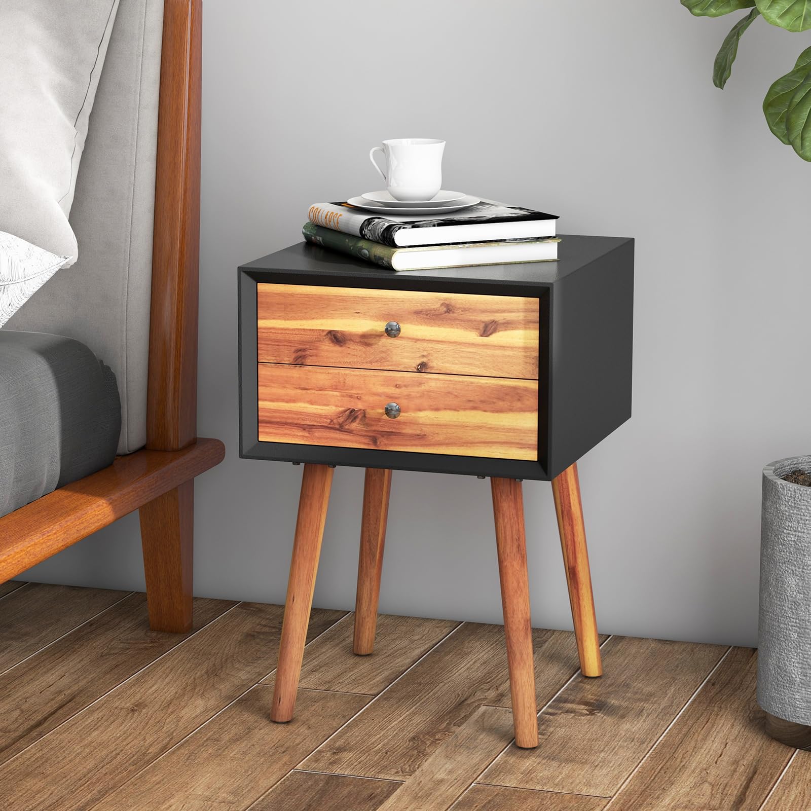 KOMFOTT 2-Drawer Nightstand, Mid-Century Modern Bed Side Table with Storage