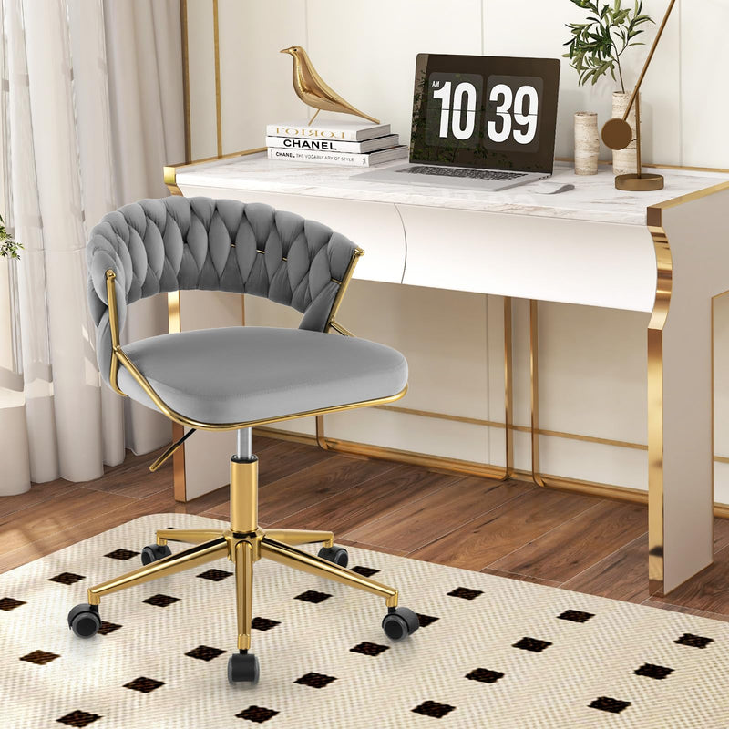 KOMFOTT Velvet Office Desk Chair, Upholstered Makeup Vanity Chair w/Woven Back & Gold Base