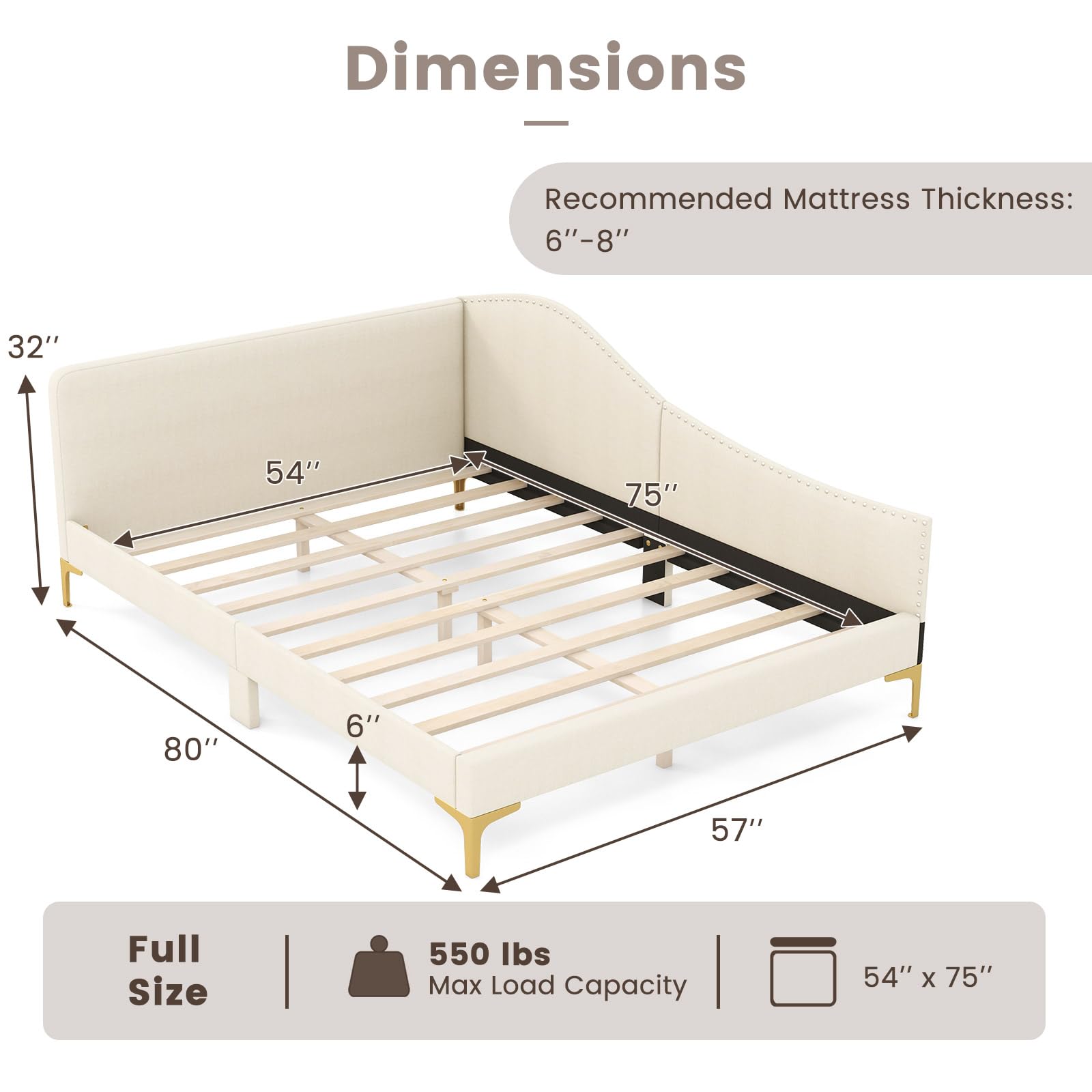 KOMFOTT Rivet-Tufted Platform Bed Frame with Headboard, Metal Legs & Wood Slats, L-Shaped Corner Sofa Bed