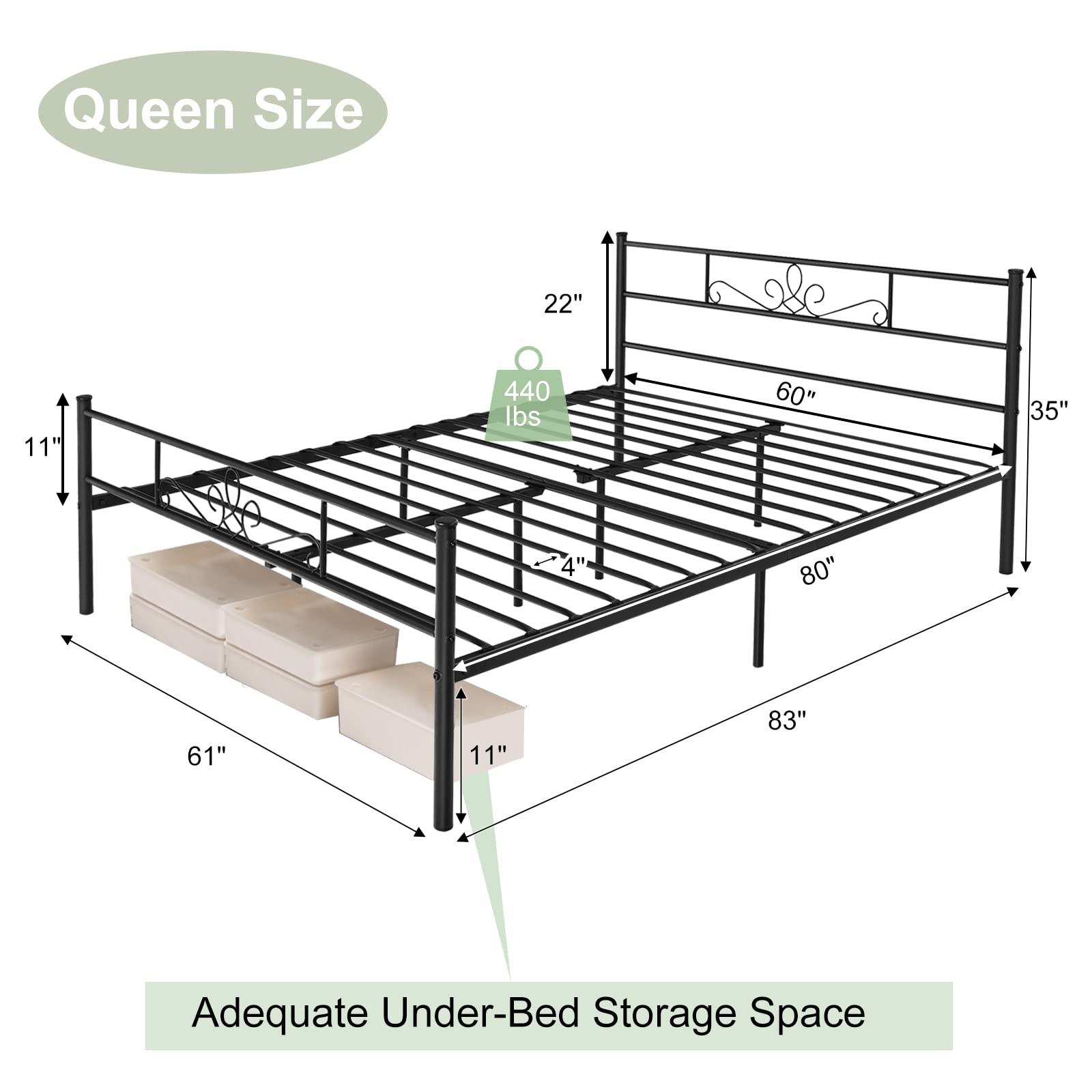 KOMFOTT Metal Platform Bed Frame with Headboard & Footboard, Reinforced Metal Slats Supported Mattress Foundation