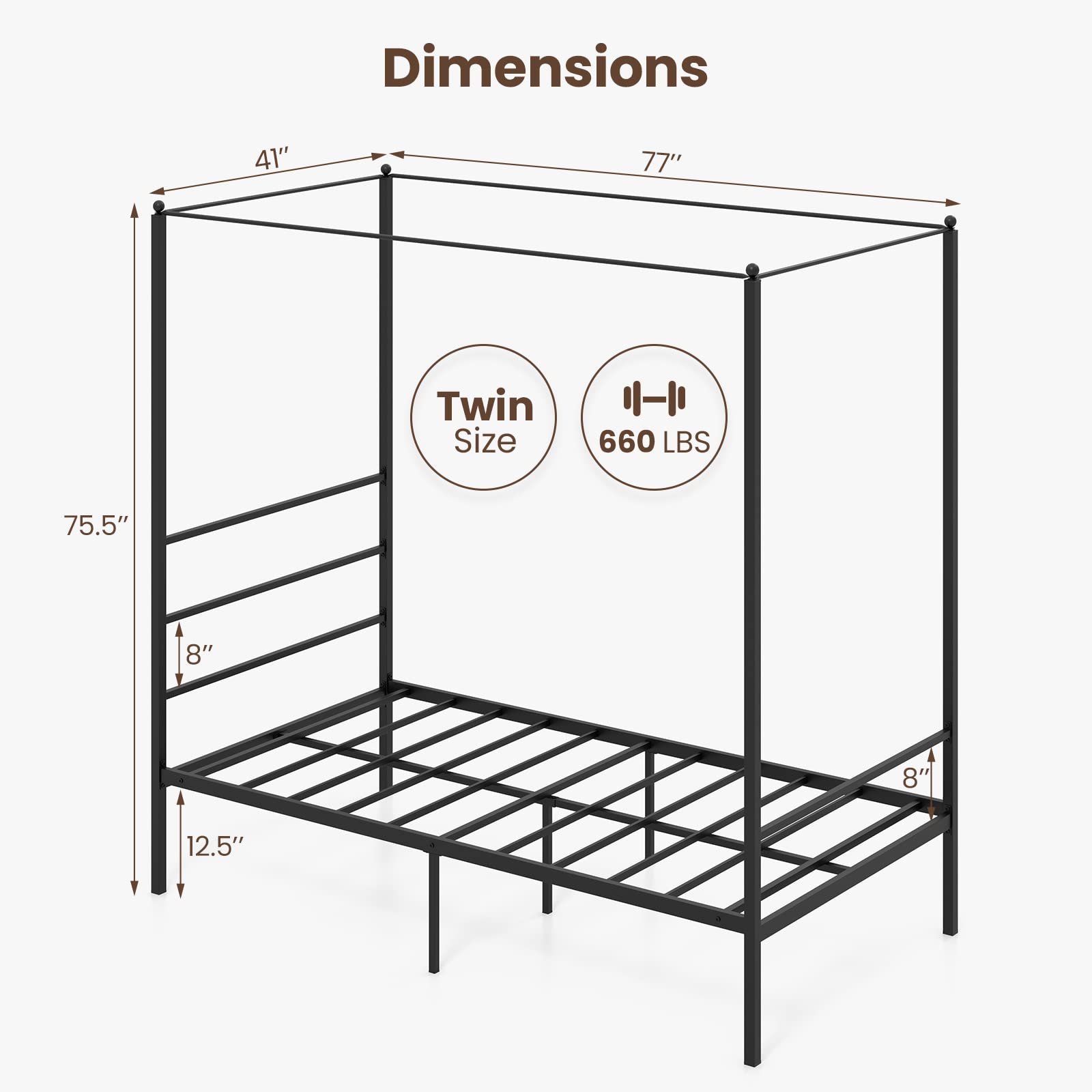 KOMFOTT Twin/Full/Queen Size Metal Canopy Bunk Bed with 4 Poster & Headboard