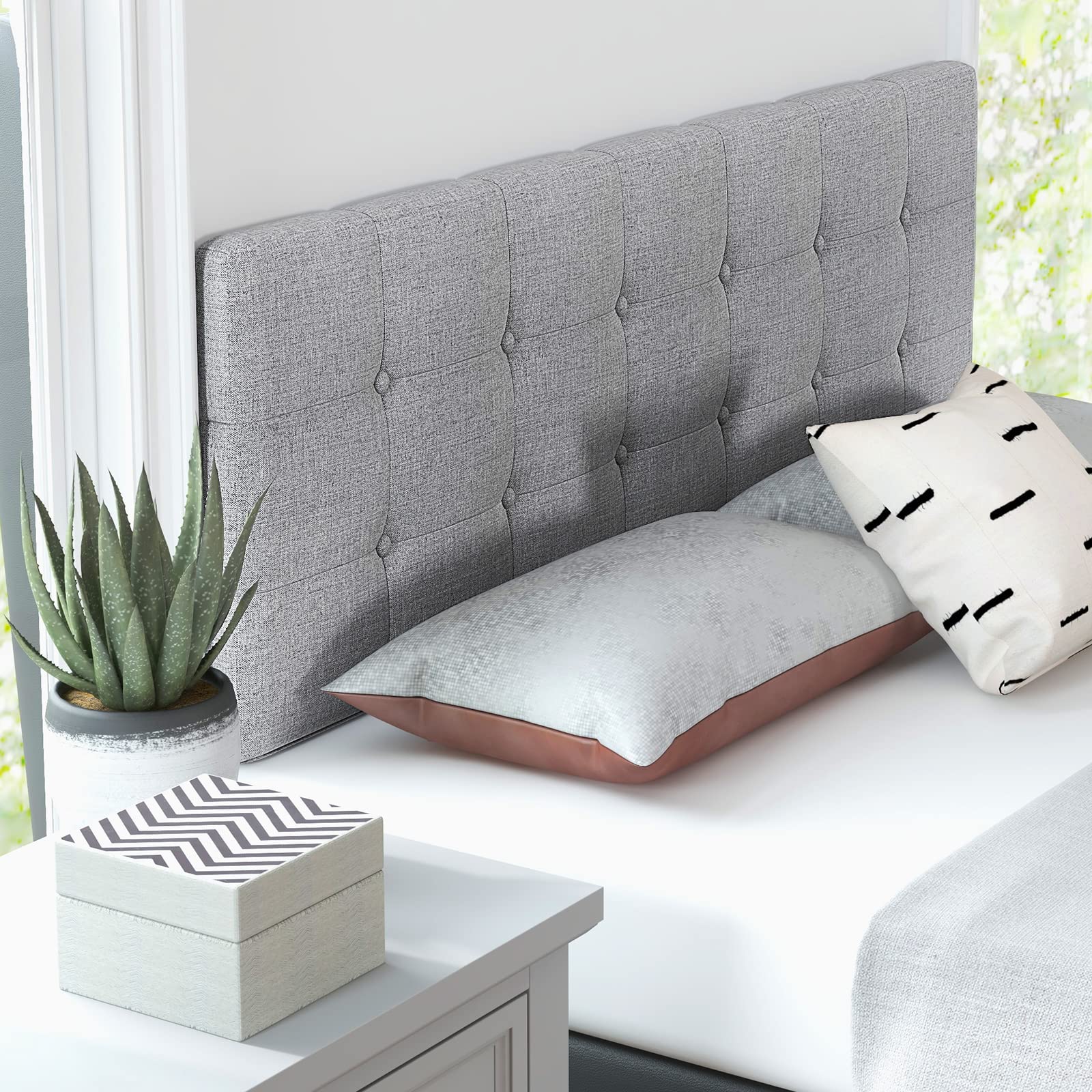 KOMFOTT Linen Upholstered Headboard, Modern Tufted Button Bed Headboard with Solid Rubber Wood Legs