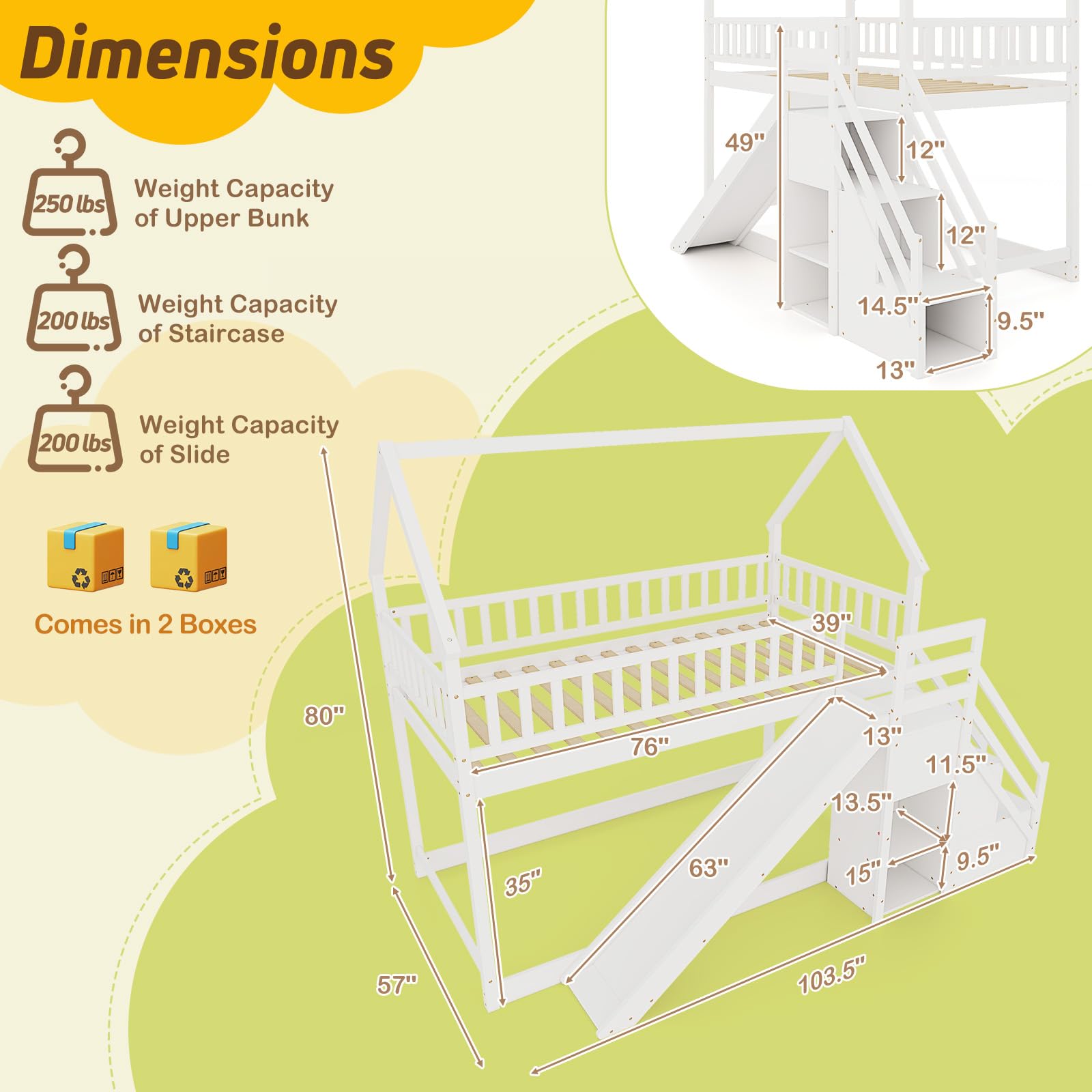 KOMFOTT Twin Over Twin  Wood House Bunk Bed with Slide & Stairs, Storage Shelves