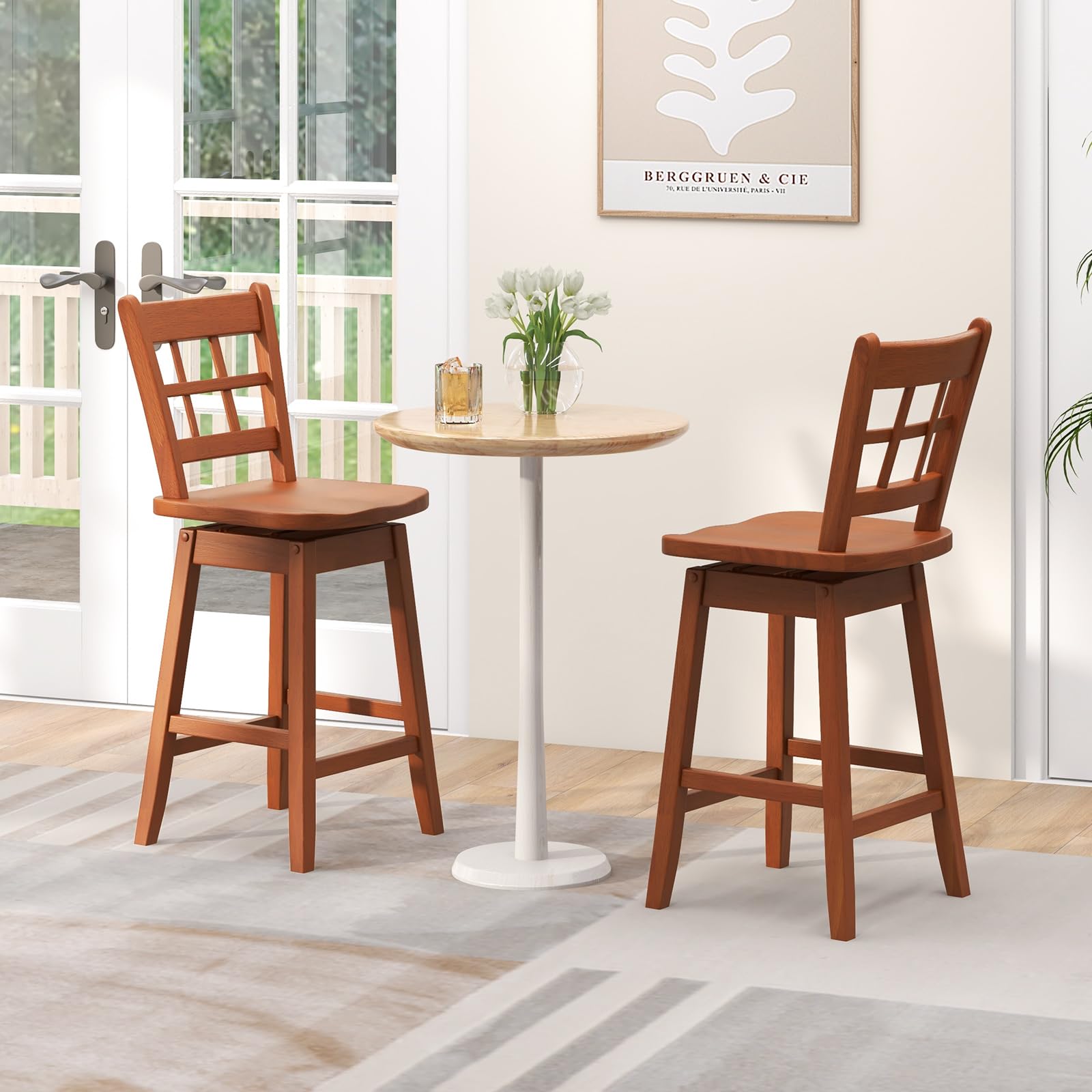 KOMFOTT 24.5" Bar Stools Set of 2/4, Farmhouse Swivel Barstools with 6-Grid Hollow Back & Ergonomic Contoured Seat, Footrest