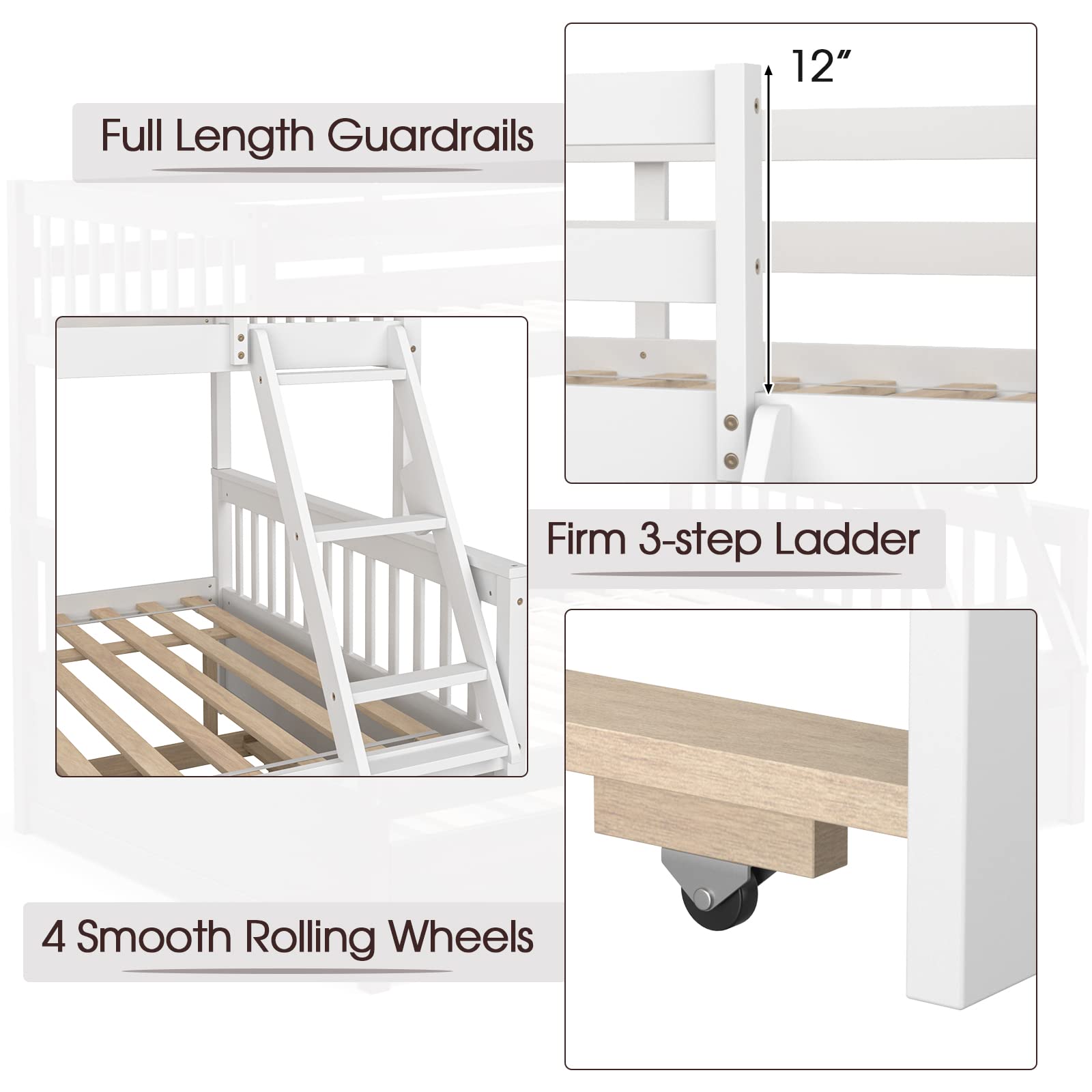 KOMFOTT Wood Twin Over Full Bunk Bed with Solid Pine Wood Frame