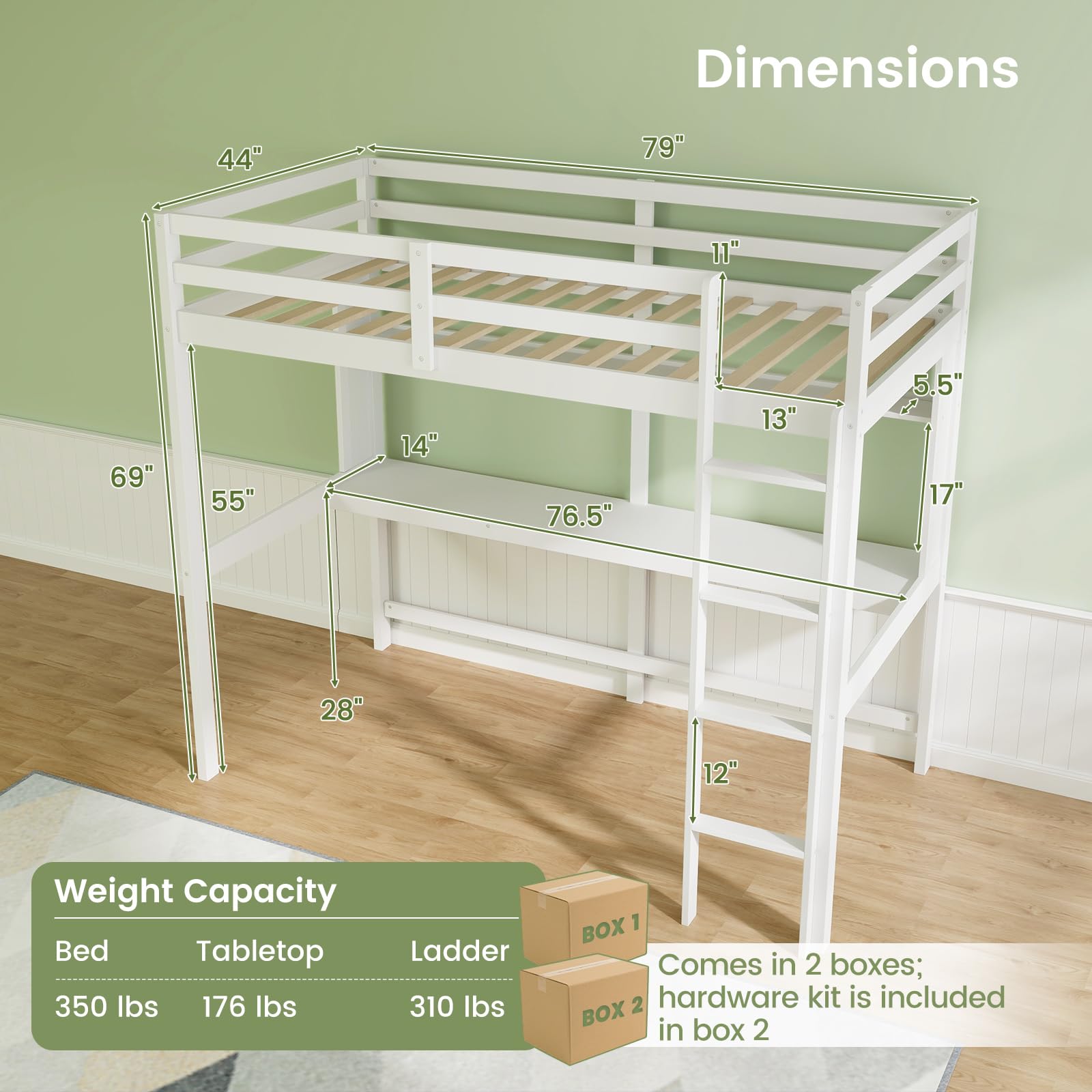 KOMFOTT Twin Size Loft Bed with Desk, Bookshelf, Full Length Safety Guardrail & Ladder