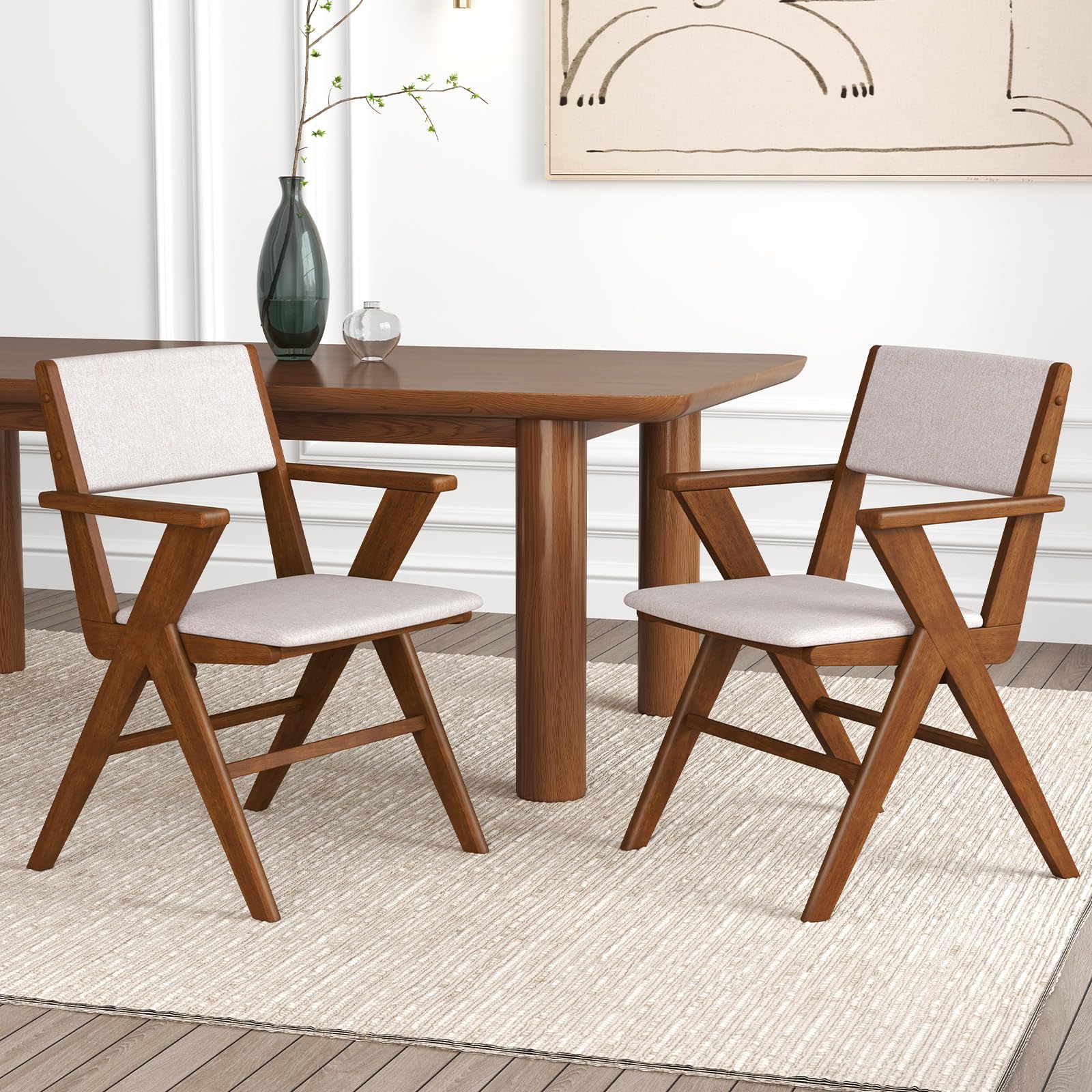 KOMFOTT Wooden Dining Chairs Set of 2/4 w/Armrests, Rubber Wood Frame, Padded Seat & Back