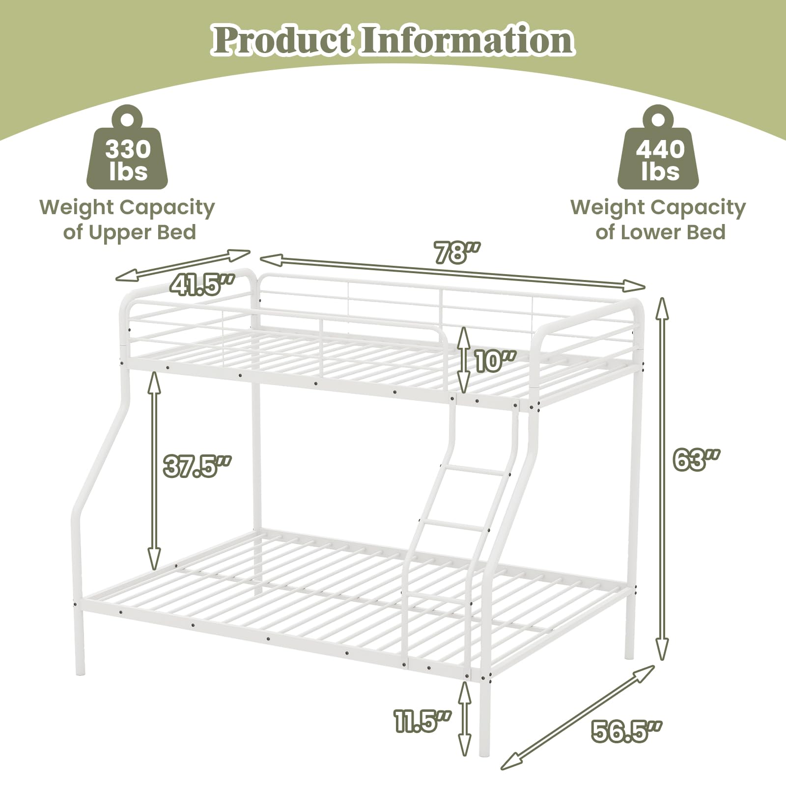 KOMFOTT Twin Over Full Metal Bunk Bed with Inclined Ladder, Safety Guardrail