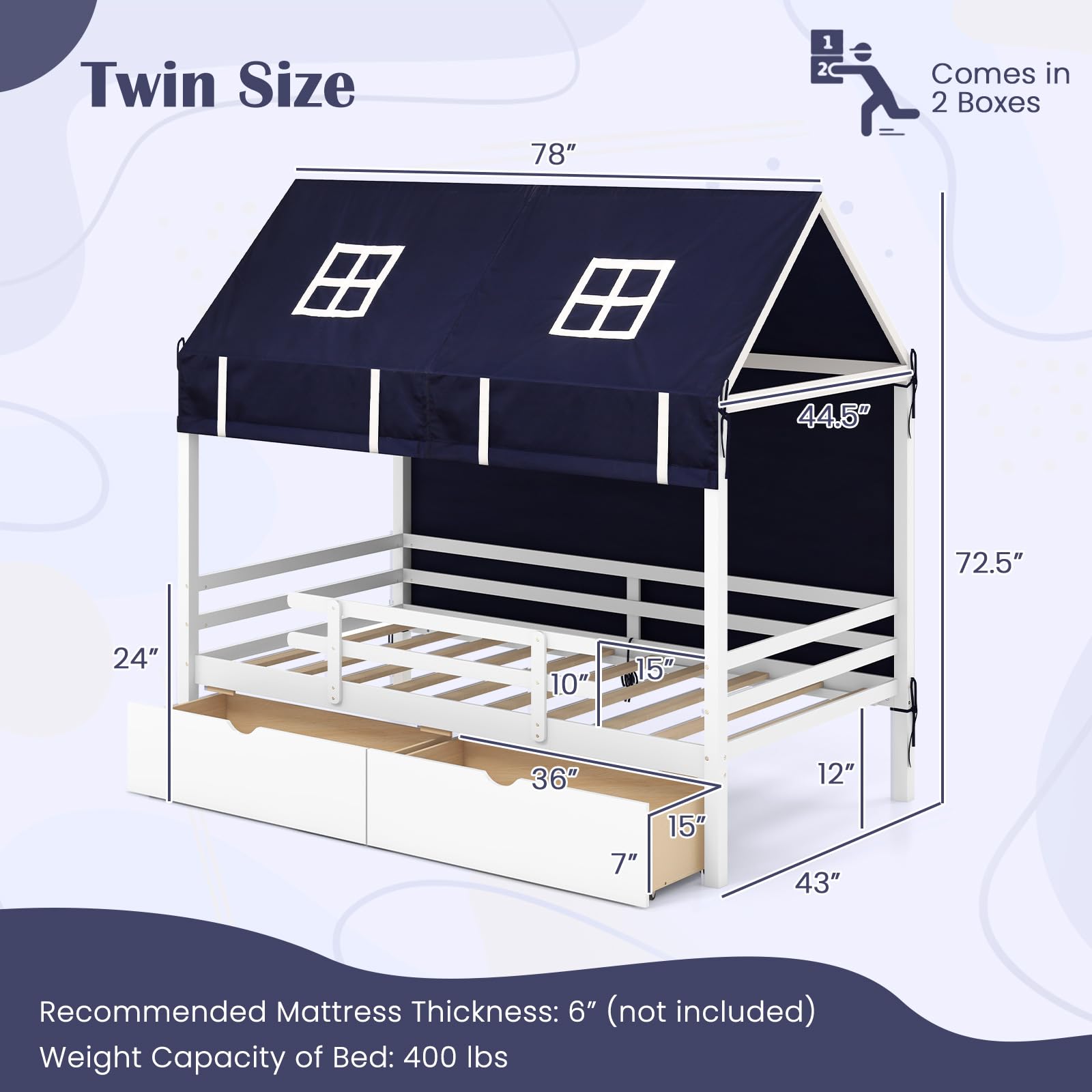 KOMFOTT Twin House Bed with Tent, Wood Kids Bed with 2 Storage Drawers, Solid Wood Daybed Frame with Rails and Roof