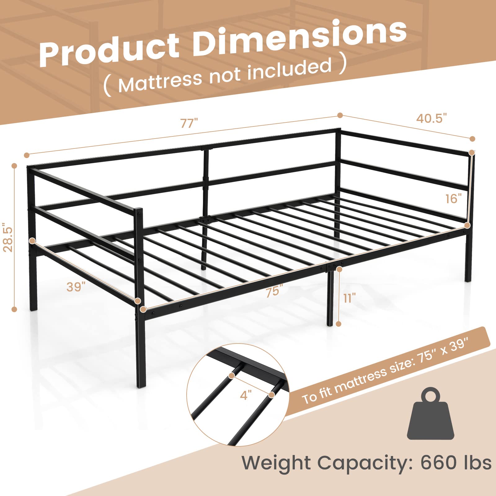 KOMFOTT Metal Twin Daybed Frame with Metal Slat Support & 3-Sided Guardrails