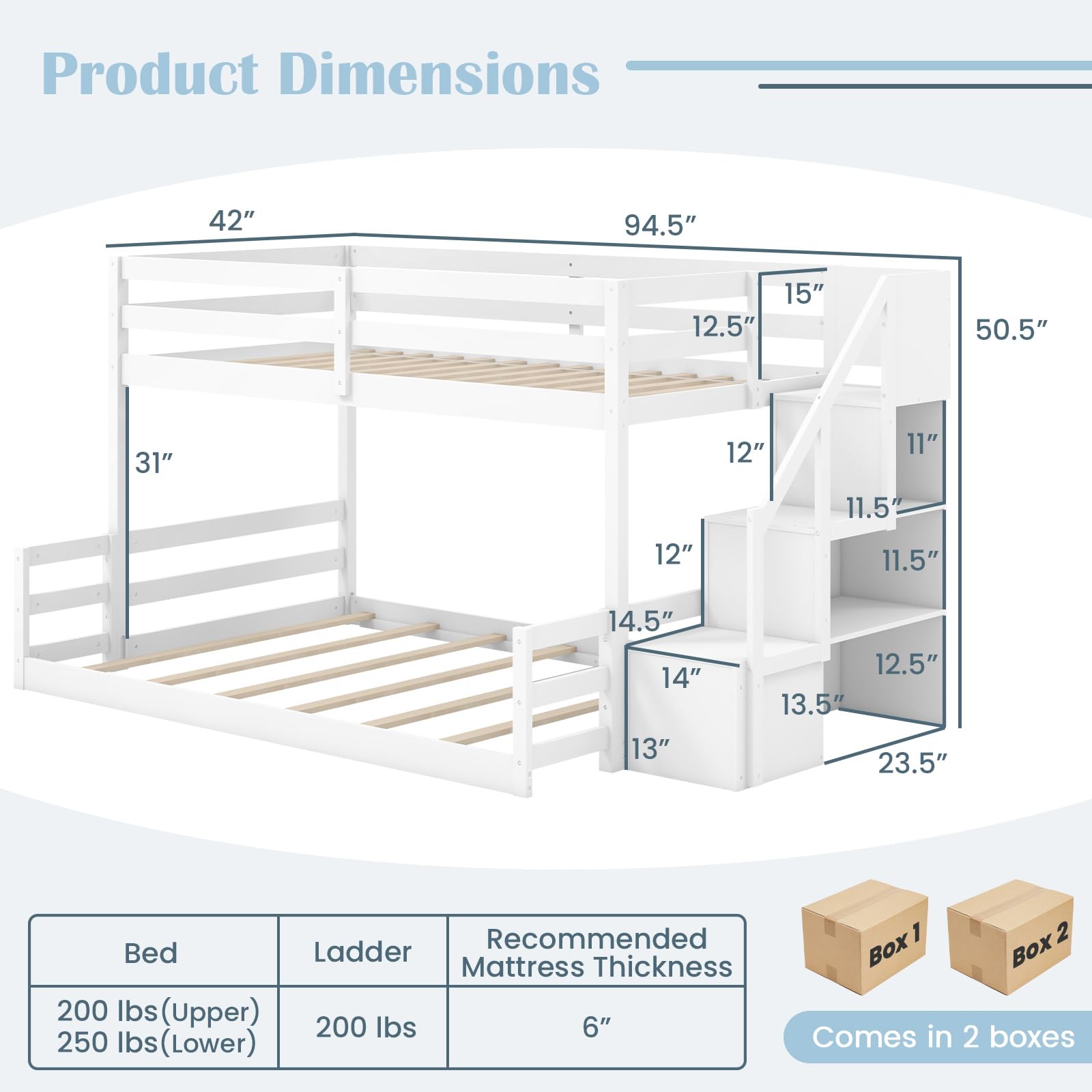 KOMFOTT Bunk Bed with Stairs, Solid Wood Floor Bunk Bed with Storage Staircase & Full-Length Guardrails