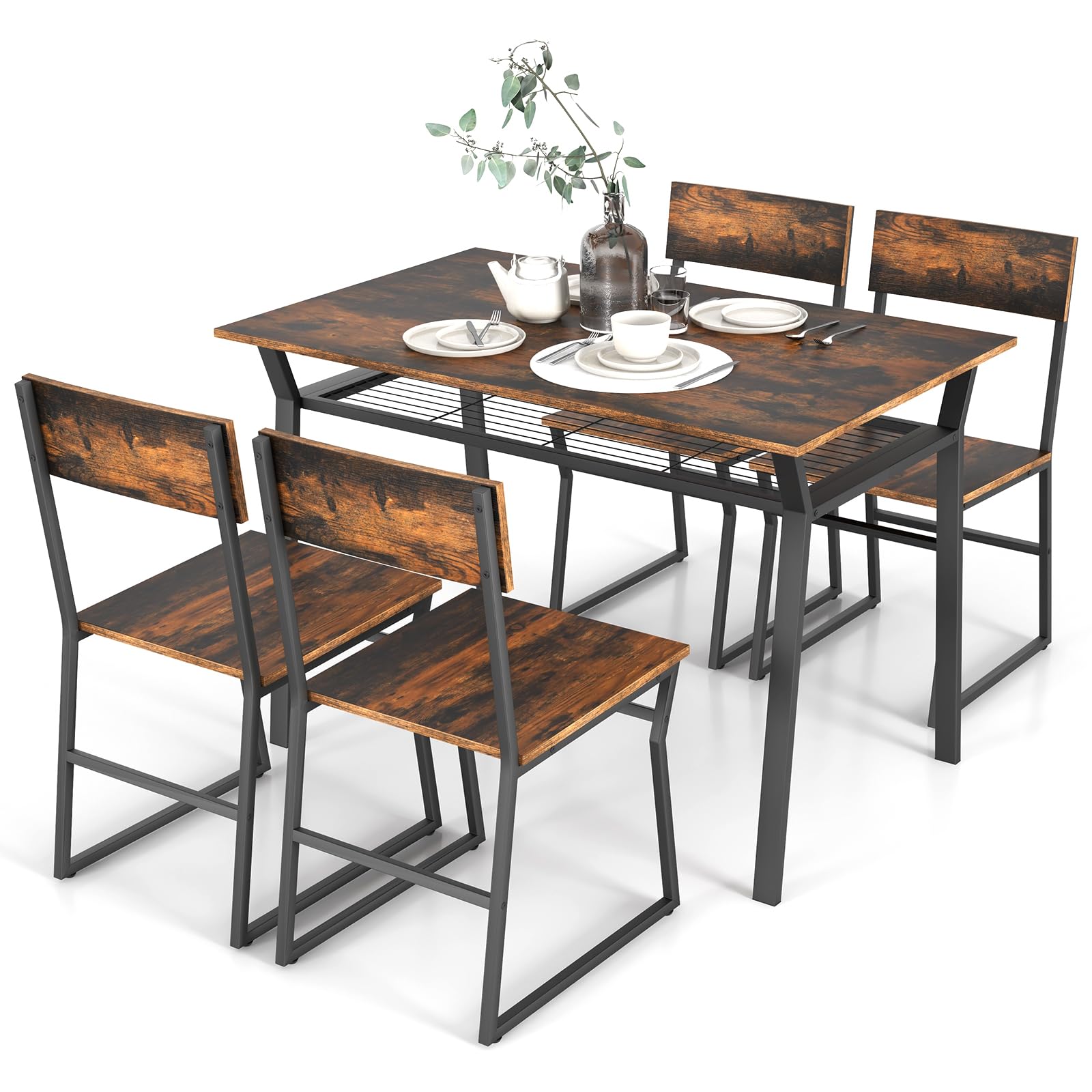 KOMFOTT Dining Table Set for 4, 47”L x 28”W Rectangular Kitchen Table w/ 4 Trapezoid Chairs, Reinforced Metal Frame & Storage Rack