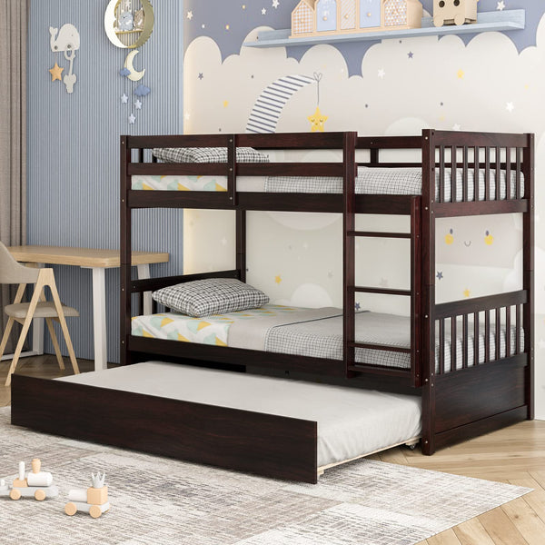 KOMFOTT Twin Over Twin Bunk Bed with Trundle, Convertible Platform Bed Frame with Ladder & Solid Wood Frame