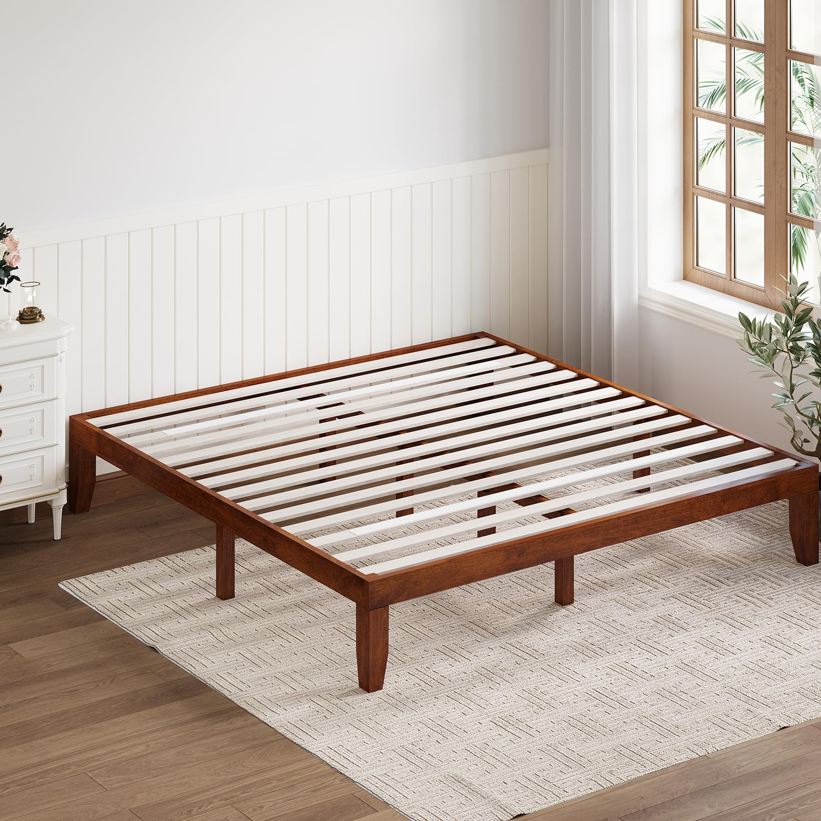 KOMFOTT 14 Inches Wood Platform Bed Frame, Solid Wood Mattress Foundation with Rubber Wood Frame