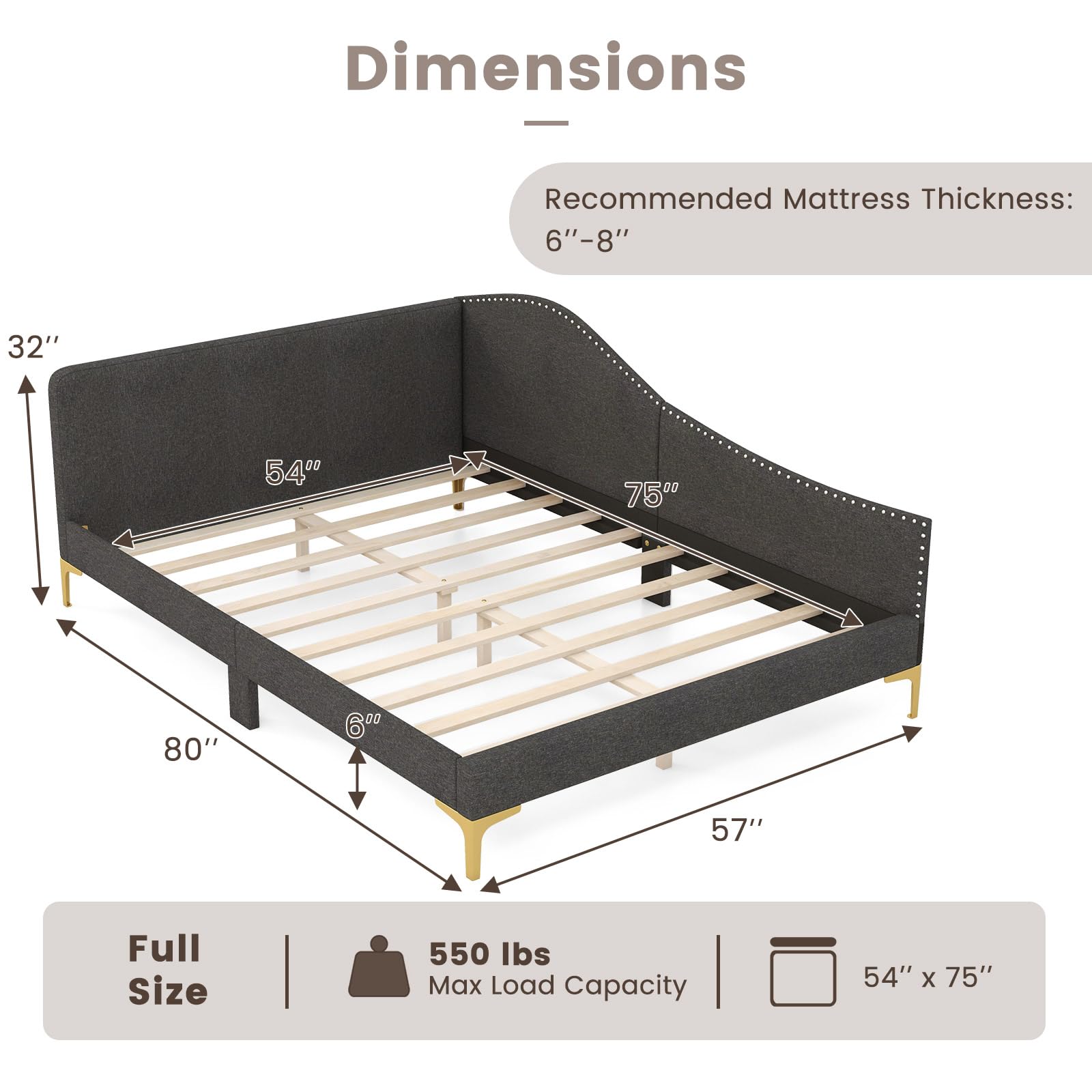 KOMFOTT Rivet-Tufted Platform Bed Frame with Headboard, Metal Legs & Wood Slats, L-Shaped Corner Sofa Bed