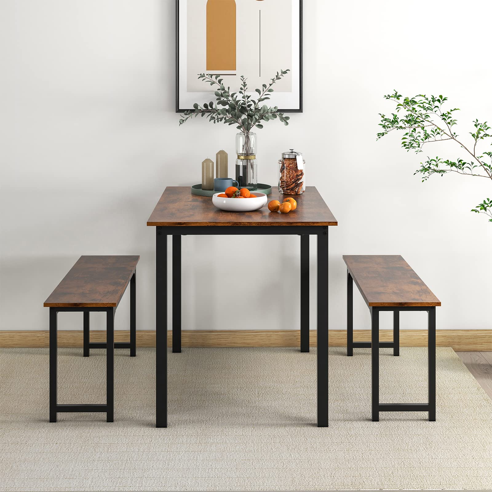 KOMFOTT Dining Table Set with 2 Benches, Industrial Kitchen Table & Chairs with Metal Frame