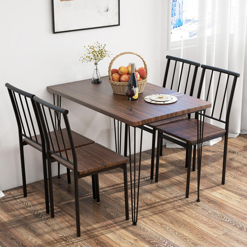 KOMFOTT 5 Piece Dining Table Set, Mid-Century Kitchen Table Set for 4, Wooden Table & 4 Chairs with Metal Frame