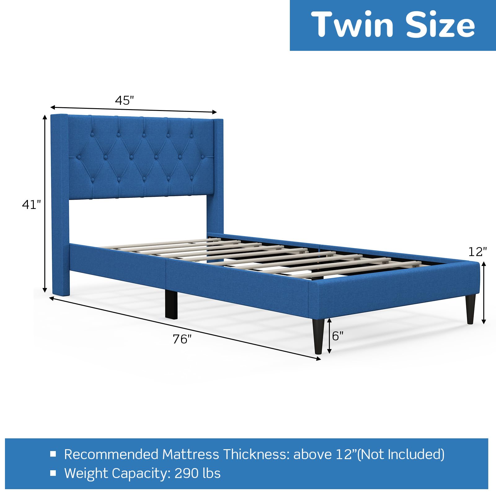 KOMFOTT Twin/Queen Size Upholstered Platform Bed Frame with Button Tufted Wingback Headboard