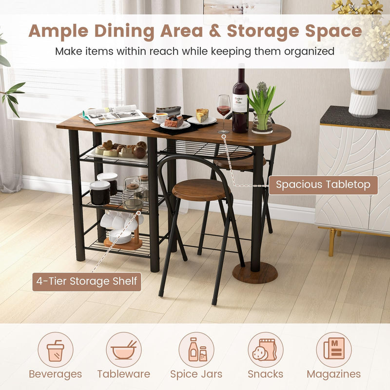 KOMFOTT 3 Piece Bar Table Set, Counter Height Dining Table & 2 Foldable Chairs w/ 4-Tier Storage Shelves, Anti-Toppling Device