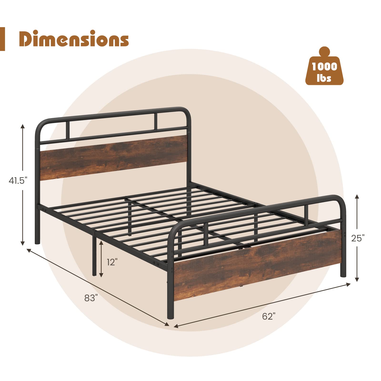 KOMFOTT Industrial Metal Bed Frame with Wood Headboard and Footboard, Rustic Brown