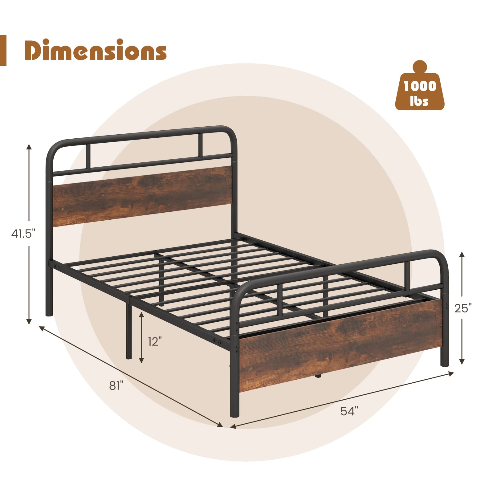 KOMFOTT Industrial Metal Bed Frame with Wood Headboard and Footboard, Rustic Brown