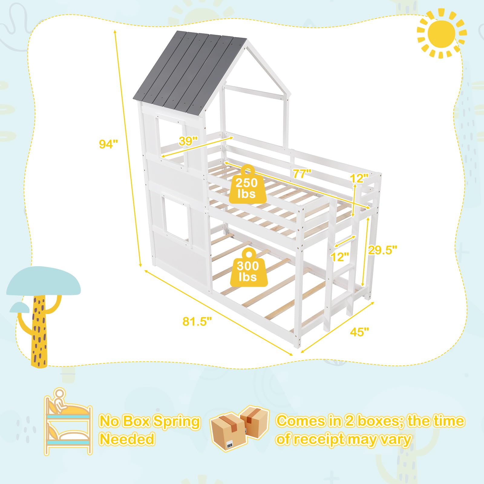 KOMFOTT House Bunk Bed Twin Over Twin, Solid Wood Floor Bunk Bed with Built in Ladder, Window & Safety Guardrail