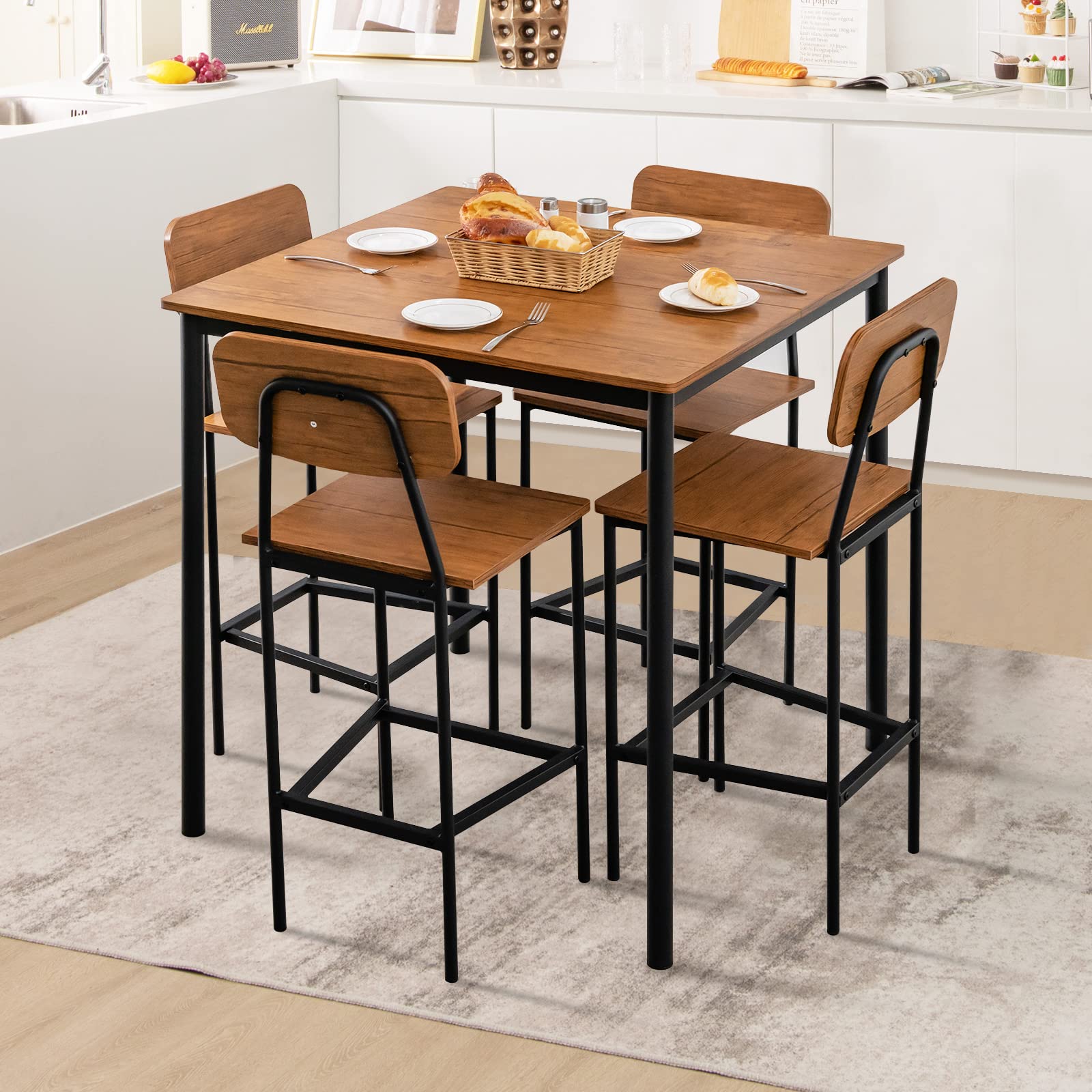 KOMFOTT 5 Piece Dining Table Set with Counter Height Table & 4 Bar Stools, Industrial Kitchen Dining Table Set  with Footrest & Backrest