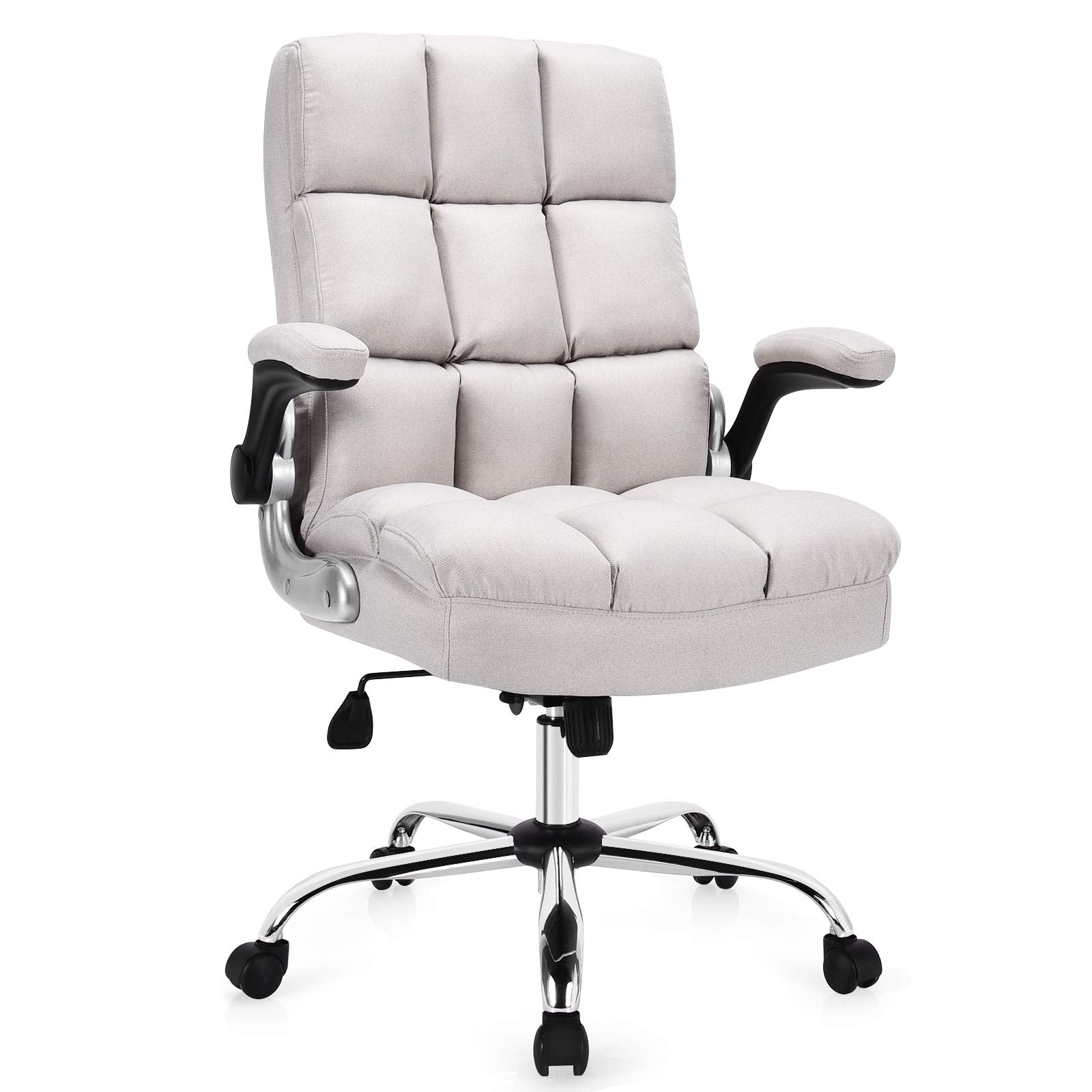 KOMFOTT Executive Office Chair, Adjustable Tilt Angle and Flip-up Armrest Linen Fabric Upholstered Chair with Thick Padding