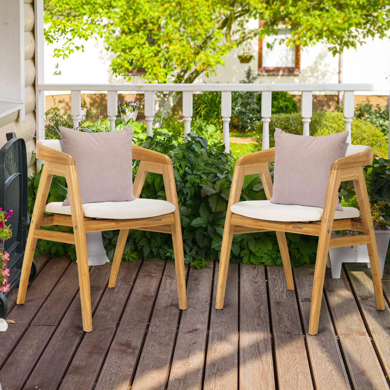 KOMFOTT Bamboo Accent Chair, Modern Painted Bamboo Leisure Chair w/Comfy Fiber Cushion, Curved Backrest, Solid Legs