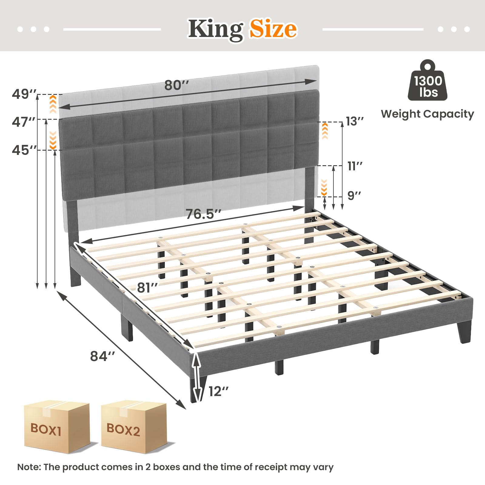 KOMFOTT Linen Fabric Upholstered Bed Frame with Adjustable Headboard & Wooden Slat Support