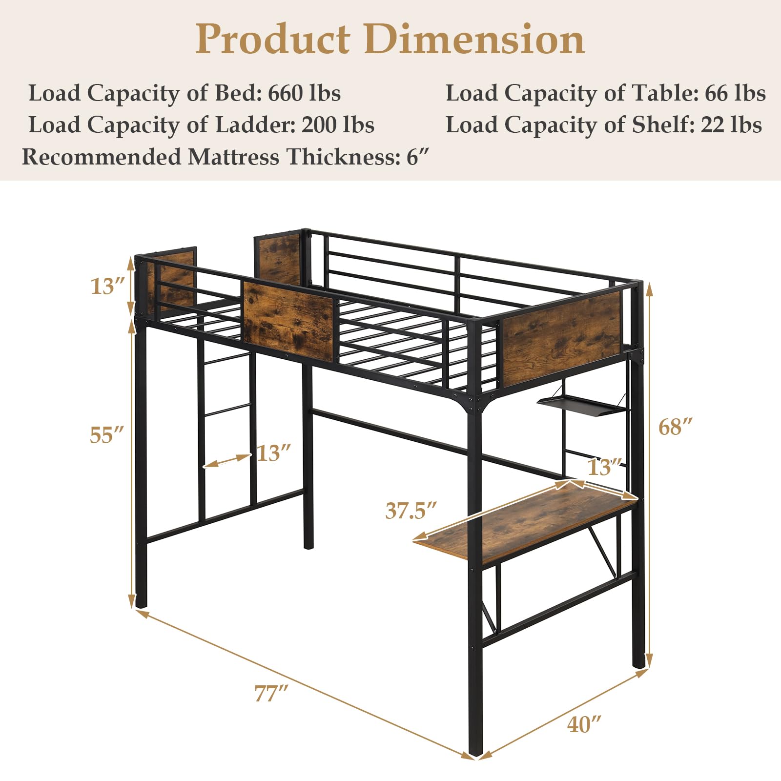 KOMFOTT Metal Twin Loft Bed with Desk and Storage Shelf