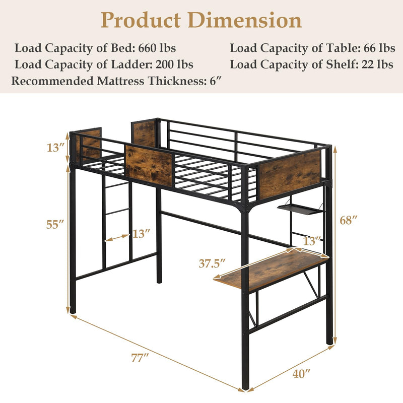 KOMFOTT Space-Saving Twin Size Loft Bed for Teenager and Adult, Black