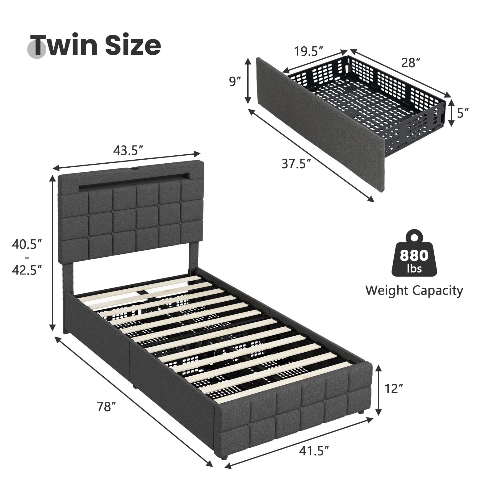 KOMFOTT Upholstered Bed Frame with LED Lights and 4 Drawers, Height Adjustable Headboard with USB Ports