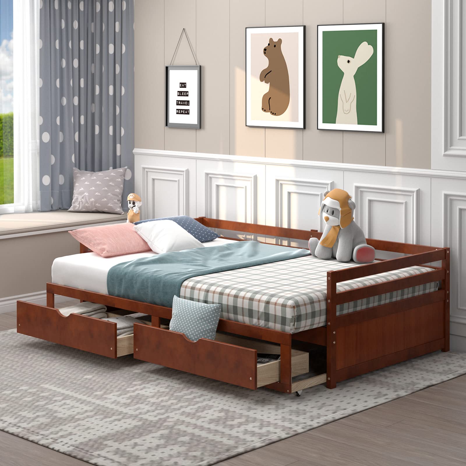 KOMFOTT Wood Daybed with Trundle, Extendable Twin to King Daybed Frame with 2 Storage Drawers