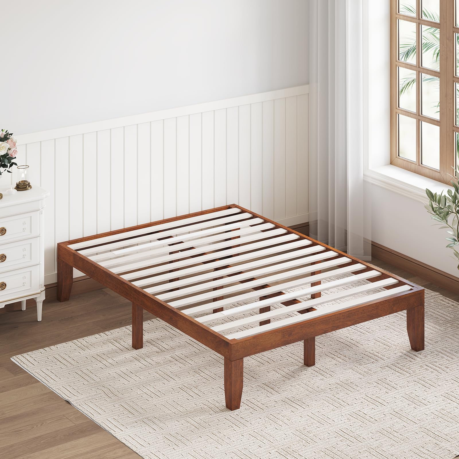 KOMFOTT 14 Inches Wood Platform Bed Frame, Solid Wood Mattress Foundation with Rubber Wood Frame