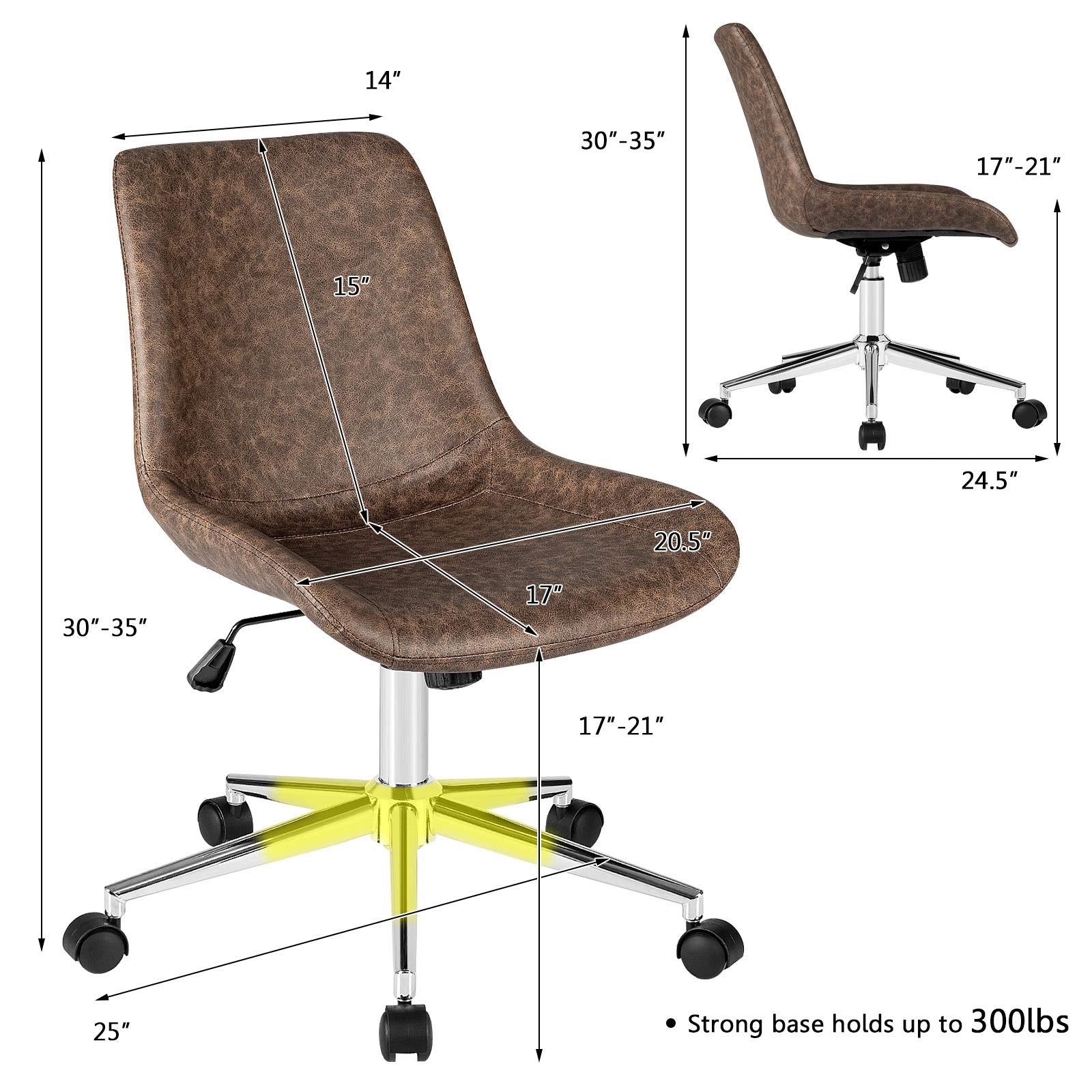 KOMFOTT Modern Home Office Chair, PU Armless Desk Chair, 360° Swivel Task Chairs