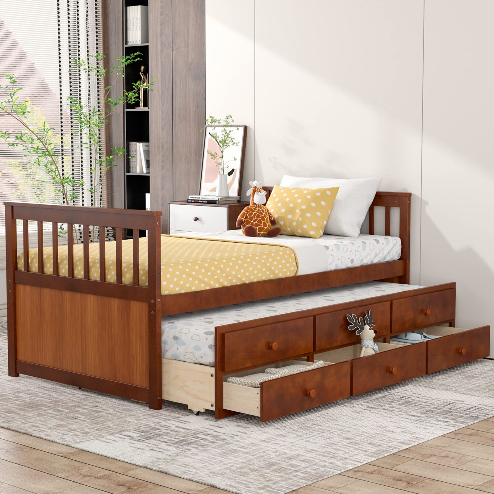 KOMFOTT Twin Size Wooden Captain Daybed with Drawers and Trundle Bed