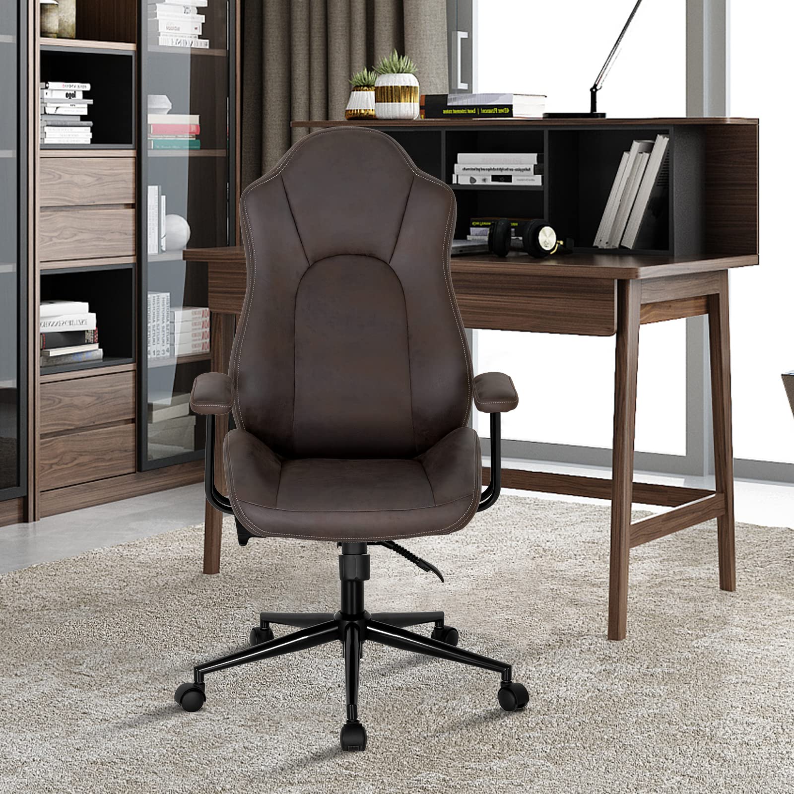 KOMFOTT High-Back Home Office Desk Chair, Ergonomic Leathaire Task Chair with Comfortable Padded Seat & Detachable Armrests